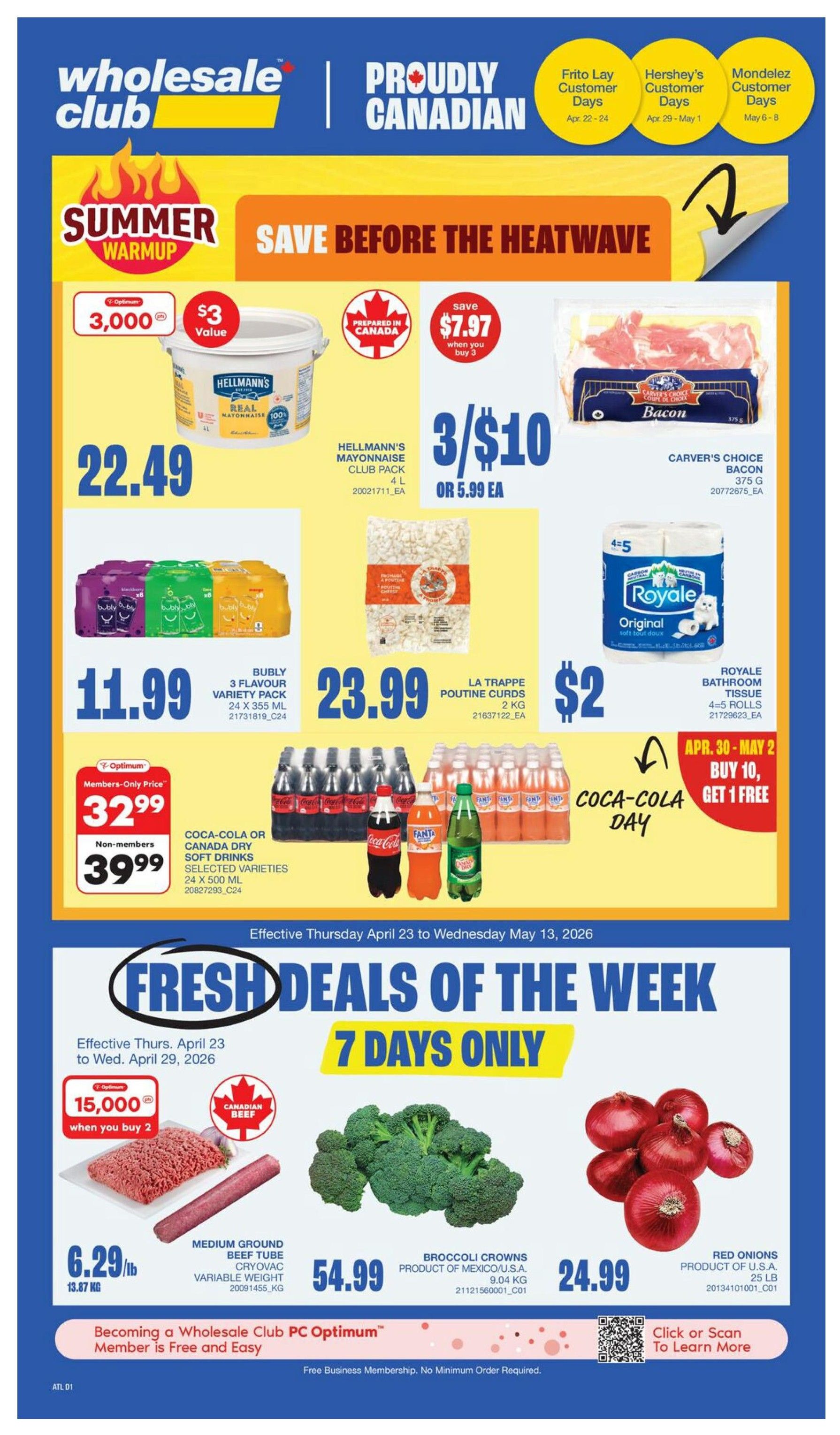 Wholesale Club flyer featuring Frito Lay Day specials from April 22-24. Offers include Lay's Chips, selected varieties, 40 bags for $30.49; Doritos Nacho Cheese Chips, selected varieties, 48 bags for $36.99; Miss Vickies Chips, selected varieties, 40 bags for $30.49; and Munchies Nuts, selected varieties, 12's for $7.99. The bottom of the page displays various Frito-Lay and PepsiCo brands and the Wholesale Club logo.