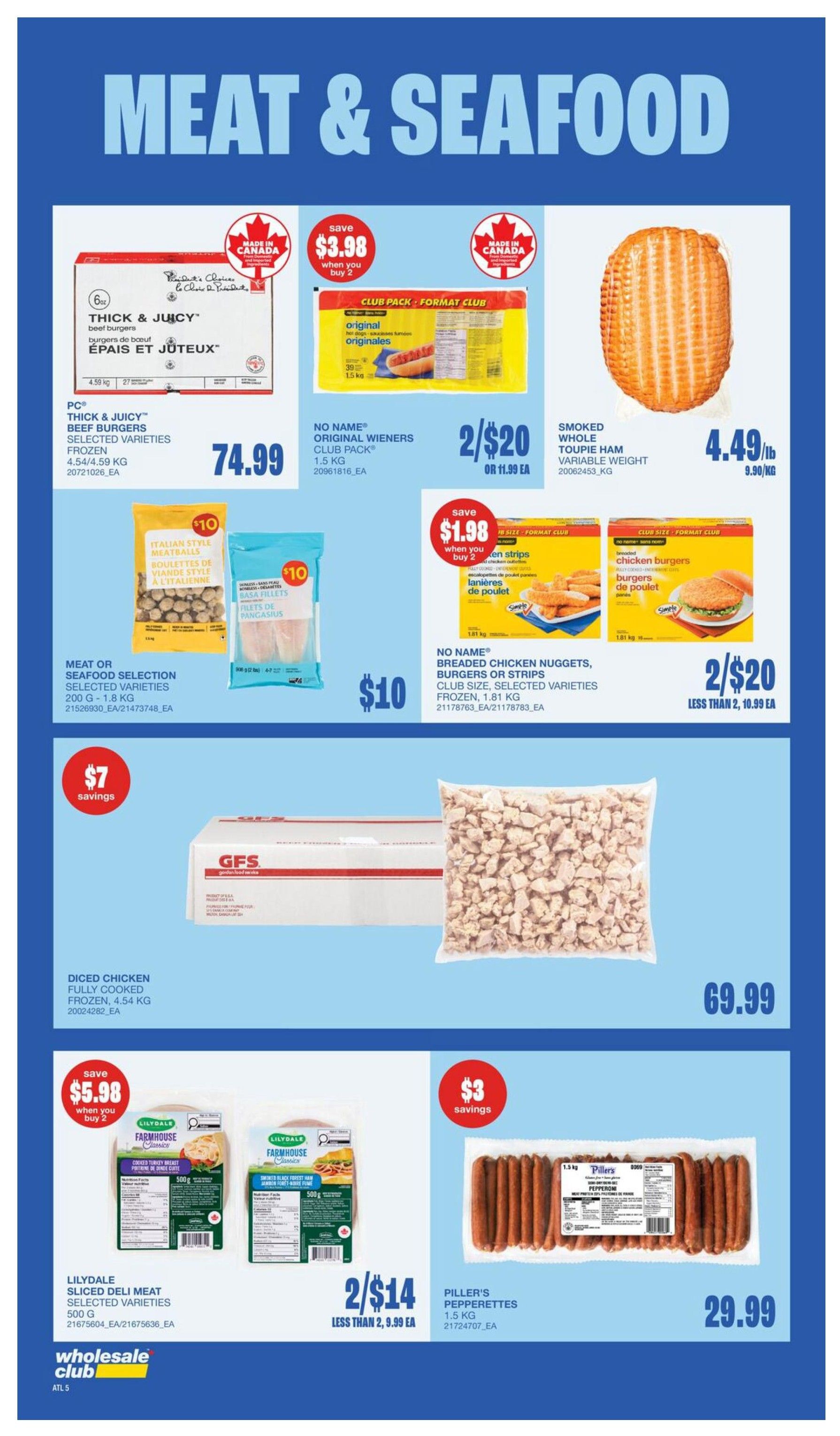 Wholesale Club Meat & Seafood flyer page featuring PC Thick & Juicy Beef Burgers for $74.99. Also available are No Name Original Wieners 2 for $20, and Smoked Whole Toupie Ham at $4.49/lb. Other deals include Meat or Seafood Selection for $10, and No Name Breaded Chicken Nuggets, Burgers or Strips 2 for $20. Diced Chicken Fully Cooked is priced at $69.99. Lilydale Sliced Deli Meat is 2 for $14, and Piller's Pepperettes are $29.99.
