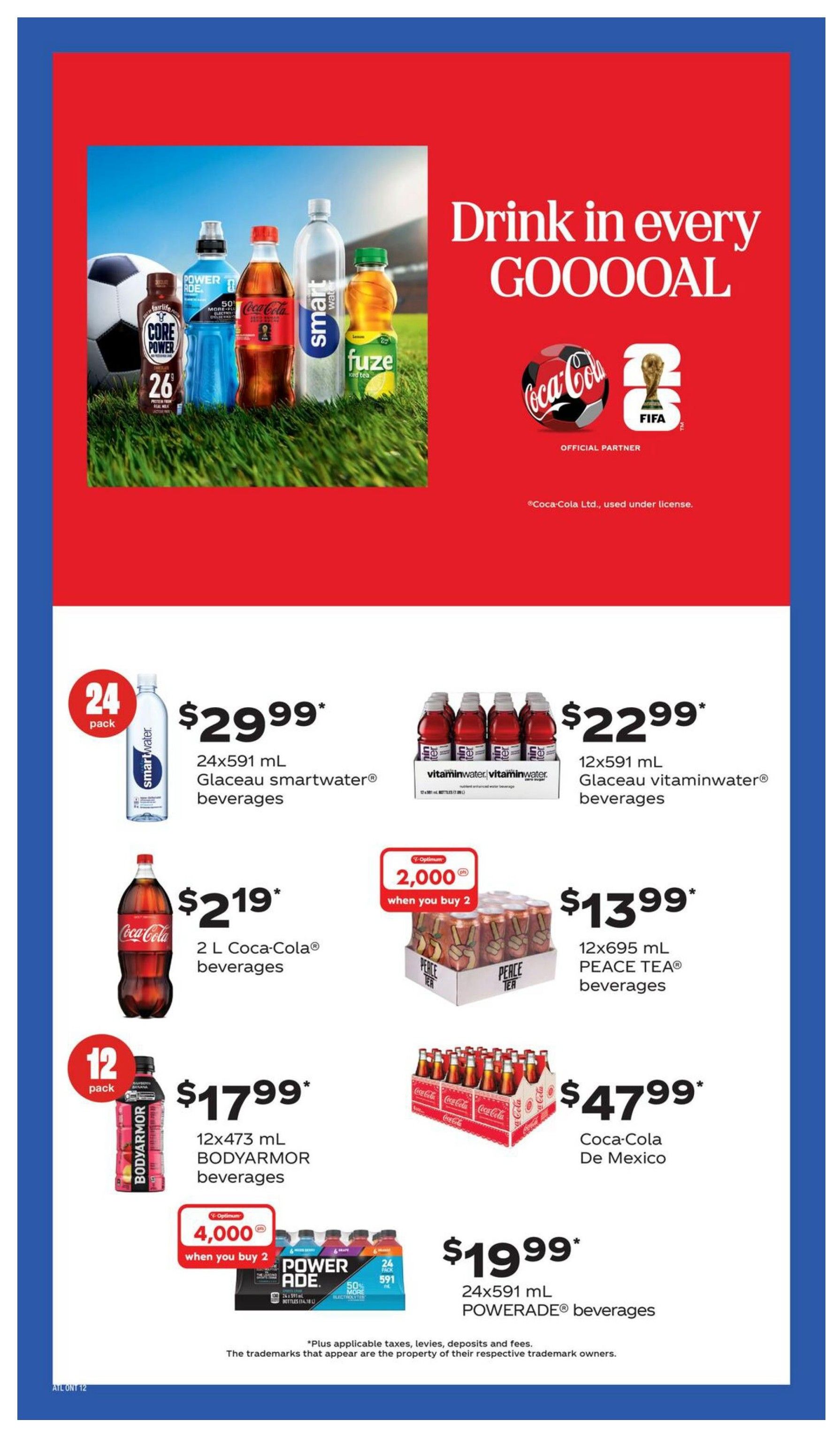 Wholesale Club Atlantic Canada flyer specials page 17 features a vibrant image of various beverages including Core Power, Coca-Cola, Smartwater, and Fuze. Featured deals include 24x591 mL Glaceau smartwater beverages for $29.99, and 12x591 mL Glaceau vitaminwater beverages for $22.99. Also available are 2 L Coca-Cola beverages for $2.19, 12x695 mL PEACE TEA beverages for $13.99, and a 24-pack of Coca-Cola De Mexico for $47.99. For sports drinks, get 12x473 mL BODYARMOR beverages for $17.99, or 24x591 mL POWERADE beverages for $19.99. Additionally, earn 4,000 Optimum points when you buy 2 cases of POWERADE beverages.