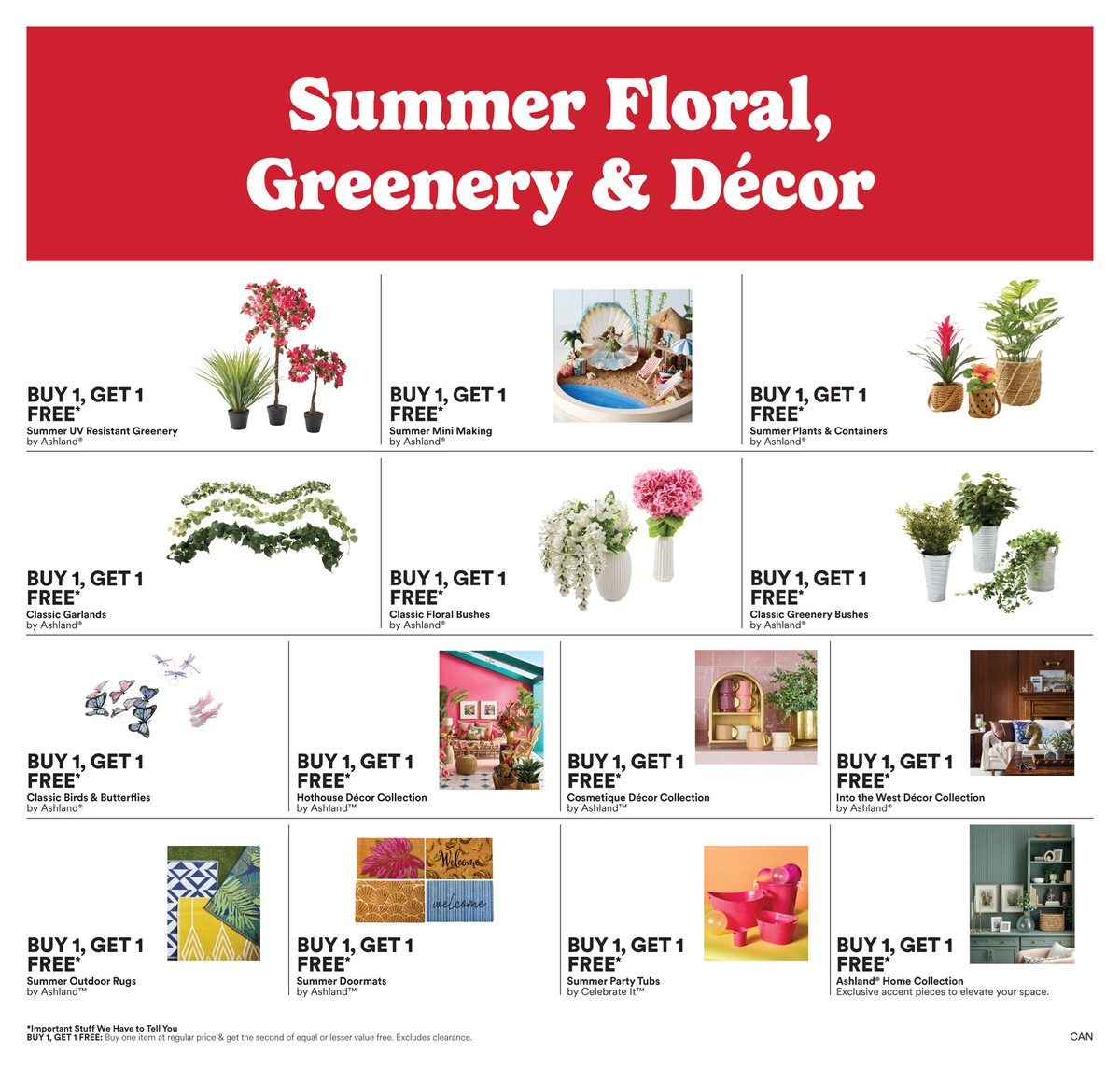Michaels flyer page 3 featuring 'Summer Floral, Greenery & Décor' with Buy 1, Get 1 FREE offers. Deals include Summer UV Resistant Greenery, Summer Mini Making, Summer Plants & Containers, Classic Garlands, Classic Floral Bushes, and Classic Greenery Bushes, all by Ashland. Also featured are Classic Birds & Butterflies, Hothouse Décor Collection, Cosmetique Décor Collection, and Into the West Décor Collection, all by Ashland. Additional offers include Summer Outdoor Rugs, Summer Doormats by Ashland, Summer Party Tubs by Celebrate It, and Ashland Home Collection exclusive accent pieces.