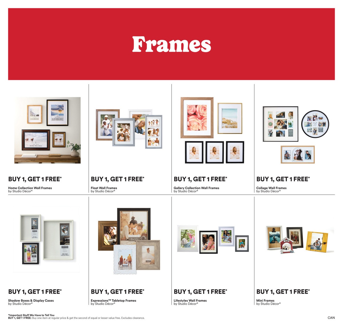 Michaels flyer page 4 featuring a variety of frames with a Buy 1, Get 1 Free offer on all items. Products include Home Collection Wall Frames, Float Wall Frames, Gallery Collection Wall Frames, Collage Wall Frames, Shadow Boxes & Display Cases, Expressions Tabletop Frames, Lifestyles Wall Frames, and Mini Frames, all by Studio Decor. A disclaimer states that the offer applies to items of equal or lesser value and excludes clearance.