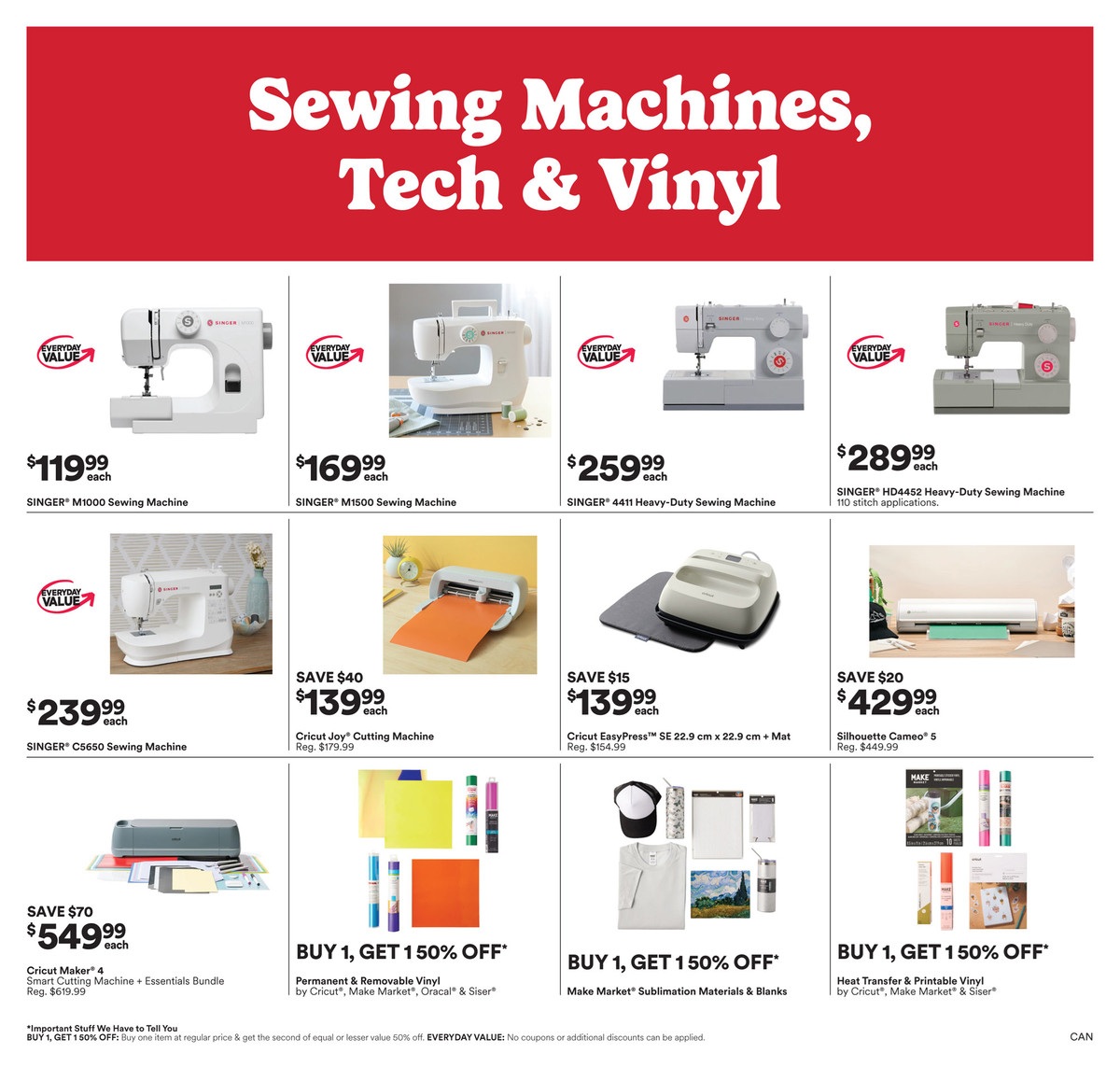 Michaels flyer page 5 features sewing machines, tech, and vinyl. Featured sewing machines include the SINGER M1000 Sewing Machine for $119.99, SINGER M1500 Sewing Machine for $169.99, SINGER 4411 Heavy-Duty Sewing Machine for $259.99, and SINGER HD4452 Heavy-Duty Sewing Machine for $289.99. Also available is the SINGER C5650 Sewing Machine for $239.99. Cutting machines on sale include the Cricut Joy Cutting Machine, save $40, now $139.99 (Reg. $179.99), and the Cricut EasyPress SE 22.9 cm x 22.9 cm + Mat, save $15, now $139.99 (Reg. $154.99). The Silhouette Cameo 5 is on sale for $429.99 (Reg. $449.99), saving $20. Special offers include Buy 1, Get 1 50% off on Cricut Maker 4 Smart Cutting Machine + Essentials Bundle, Make Market Sublimation Materials & Blanks, and Heat Transfer & Printable Vinyl by Cricut, Make Market, Oracal & Siser.
