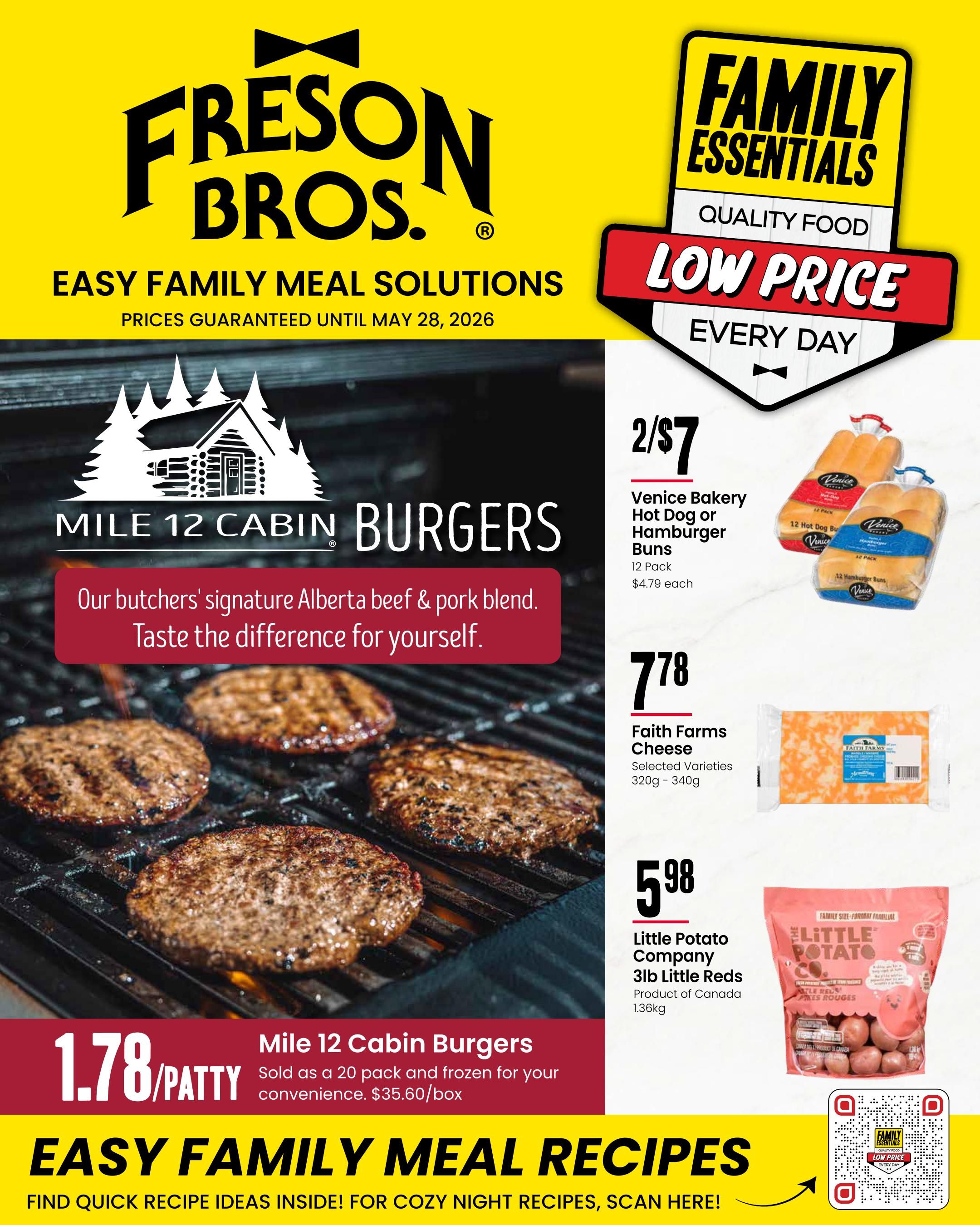 Freson Bros. flyer featuring Easy Family Meal Solutions with prices guaranteed until May 28, 2026. The page highlights Mile 12 Cabin Burgers, made with Alberta beef & pork blend, priced at $1.78 per patty, sold as a 20 pack for $35.60/box. Also featured are Venice Bakery Hot Dog or Hamburger Buns, 12 pack, at 2 for $7 ($4.79 each), Faith Farms Cheese, selected varieties, 320g - 340g, for $7.78, and Little Potato Company 3lb Little Reds potatoes, a product of Canada (1.36kg), for $5.98. The bottom of the page promotes 'Easy Family Meal Recipes' with a call to scan a QR code for quick recipe ideas.