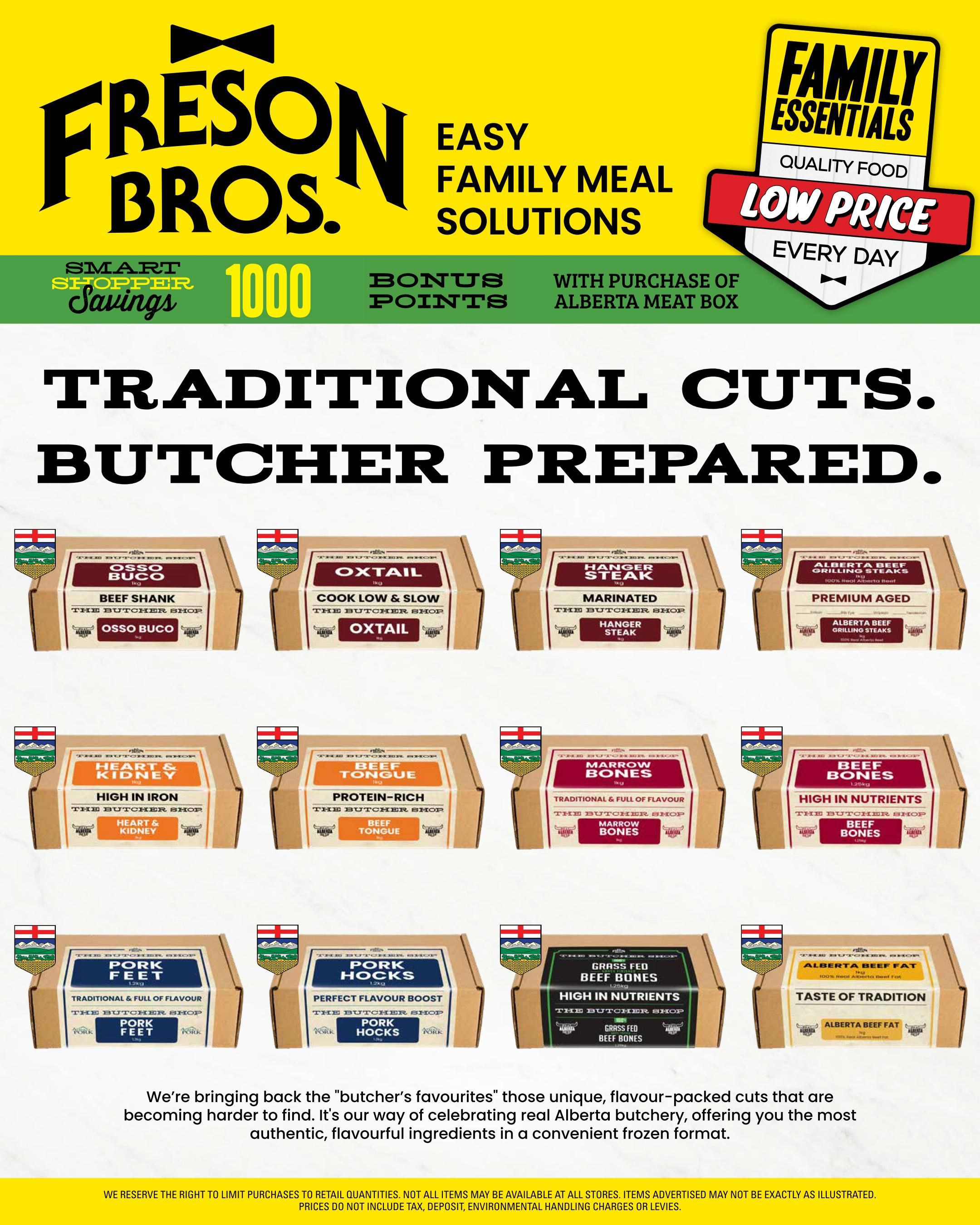 Freson Bros. Family Essentials flyer page featuring traditional butcher cuts. Products include Osso Buco Beef Shank, Oxtail (Cook Low & Slow), Marinated Hanger Steak, Premium Aged Alberta Beef Grilling Steaks, Heart & Kidney (High in Iron), Beef Tongue (Protein-Rich), Marrow Bones (Traditional & Full of Flavour), Beef Bones (High in Nutrients), Pork Feet (Traditional & Full of Flavour), Pork Hocks (Perfect Flavour Boost), and Grass Fed Beef Bones (High in Nutrients). The page highlights 'butcher's favourites' and authentic Alberta butchery in a convenient frozen format. Offers 1000 bonus shopper points with purchase of an Alberta Meat Box.
