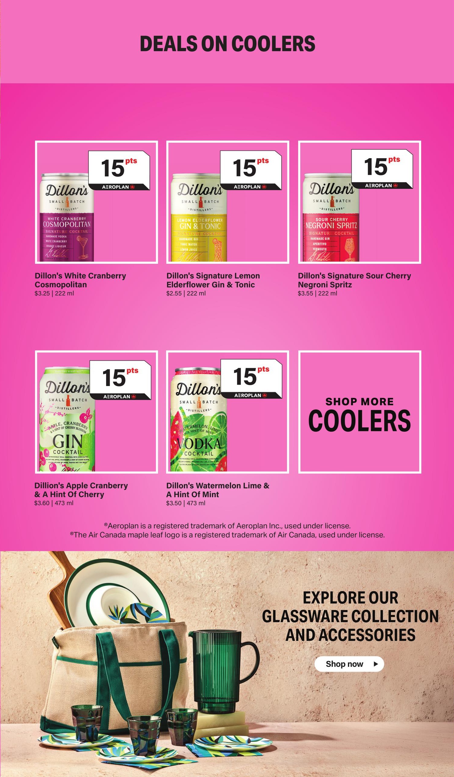 LCBO flyer page 2 features deals on coolers. Products include Dillon's White Cranberry Cosmopolitan for $3.25, Dillon's Signature Lemon Elderflower Gin & Tonic for $2.55, Dillon's Signature Sour Cherry Negroni Spritz for $3.55, Dillon's Apple Cranberry & A Hint Of Cherry for $3.60, and Dillon's Watermelon Lime & A Hint Of Mint for $3.50. All featured Dillon's coolers offer 15 Aeroplan points. The page also includes a section to shop more coolers and explore glassware collections and accessories with a 'Shop now' button.