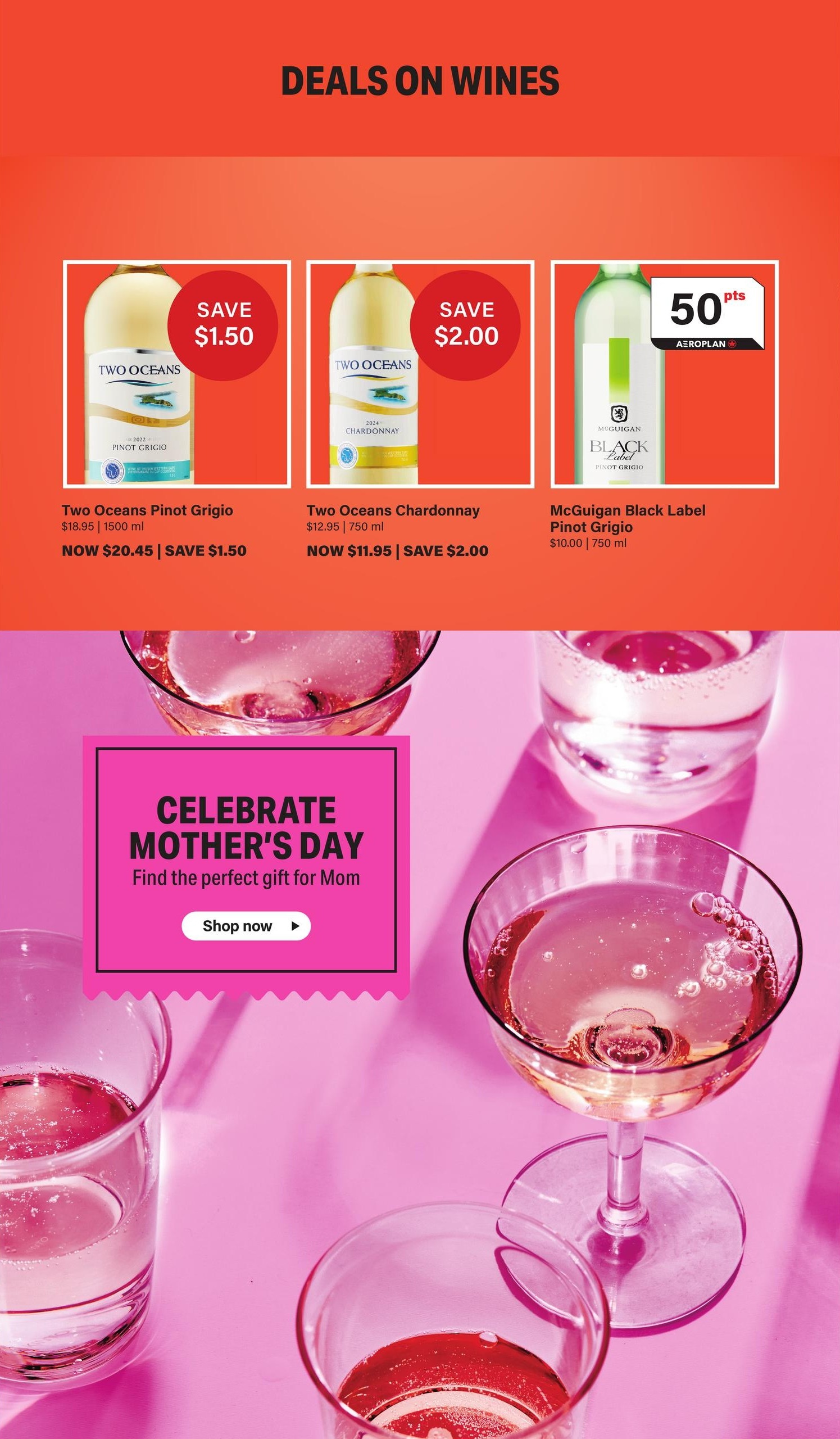 LCBO flyer page 5 featuring deals on wines. Includes Two Oceans Pinot Grigio, originally $18.95 for 1500 ml, now $20.45 with a save of $1.50. Also featured is Two Oceans Chardonnay, originally $12.95 for 750 ml, now $11.95 with a save of $2.00. McGuigan Black Label Pinot Grigio is available for $10.00 for 750 ml and includes 50 Aeroplan points. A section promoting Mother's Day gifts with a 'Shop now' button is also visible.