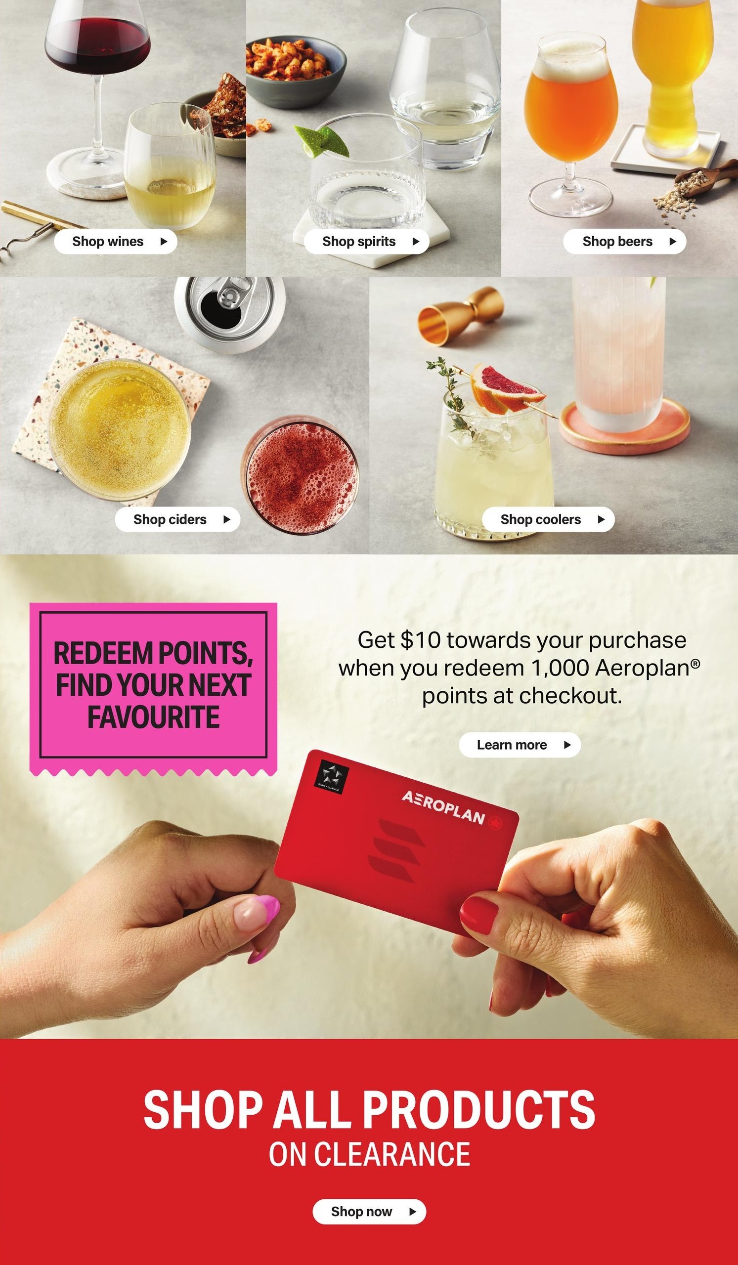 LCBO Monthly Savings flyer, page 6. Features sections to shop wines, spirits, beers, ciders, and coolers with appealing imagery. Includes a promotion offering $10 towards a purchase when redeeming 1,000 Aeroplan points at checkout, with a 'Learn more' option. The bottom of the page highlights 'SHOP ALL PRODUCTS ON CLEARANCE' with a 'Shop now' button.