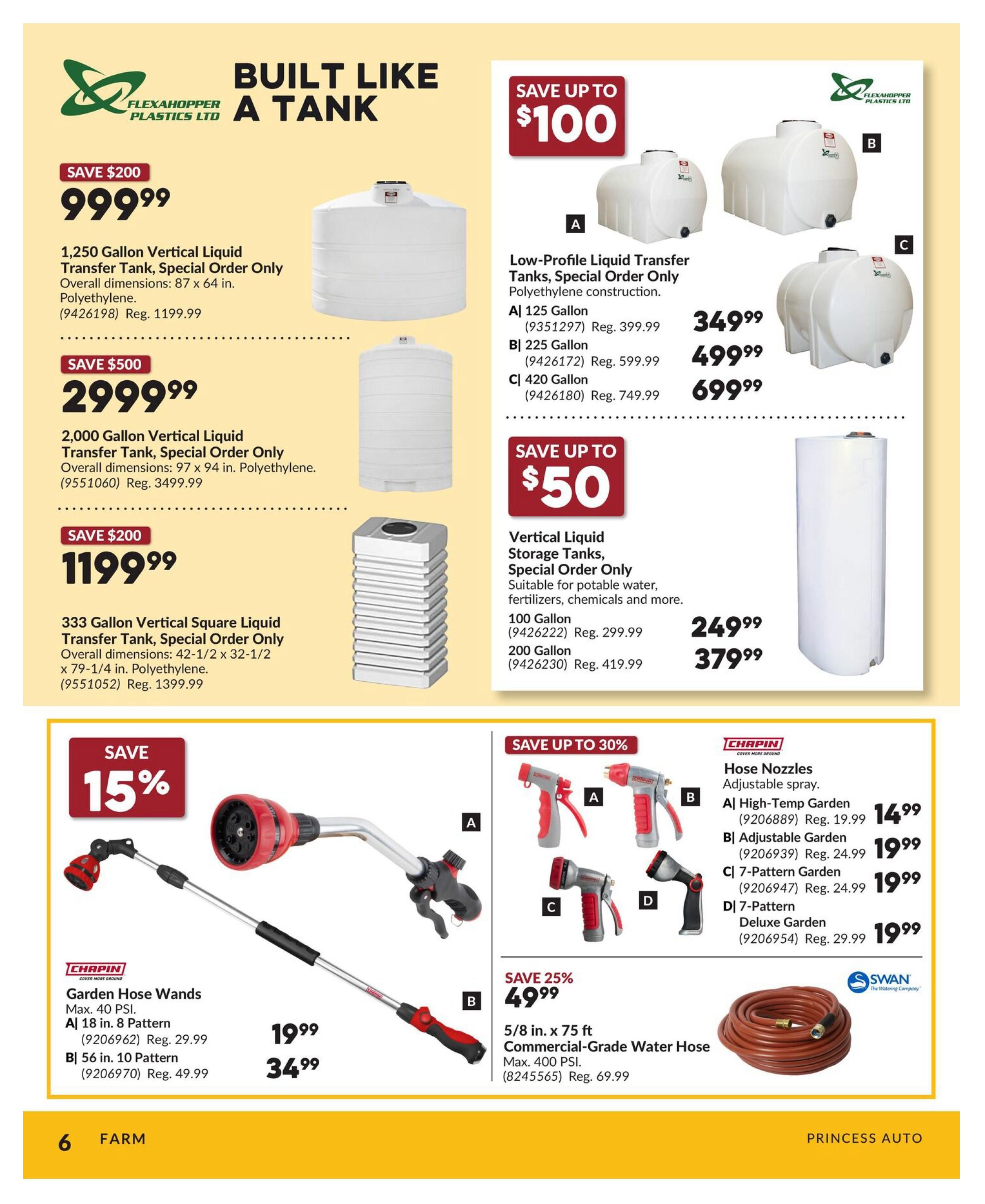 Princess Auto flyer page 6 features 'Built Like A Tank' theme with various liquid transfer tanks and garden accessories. Save $200 on a 1,250 Gallon Vertical Liquid Transfer Tank for $999.99. Save $500 on a 2,000 Gallon Vertical Liquid Transfer Tank for $2,999.99. Save $200 on a 333 Gallon Vertical Square Liquid Transfer Tank for $1,199.99. Low-Profile Liquid Transfer Tanks are available in 125 Gallon for $349.99, 225 Gallon for $499.99, and 420 Gallon for $699.99, with savings up to $100. Vertical Liquid Storage Tanks include a 100 Gallon size for $249.99 and a 200 Gallon size for $379.99, with savings up to $50. Garden accessories include Chapin Garden Hose Wands with 15% off: the 18 in. 8 Pattern wand is $19.99 and the 56 in. 10 Pattern wand is $34.99. Also available are Chapin Hose Nozzles with savings up to 30%: High-Temp Garden nozzle for $14.99, Adjustable Garden nozzle for $19.99, 7-Pattern Garden nozzle for $19.99, and 7-Pattern Deluxe Garden nozzle for $19.99. Save 25% on a 5/8 in. x 75 ft Commercial-Grade Water Hose for $49.99.