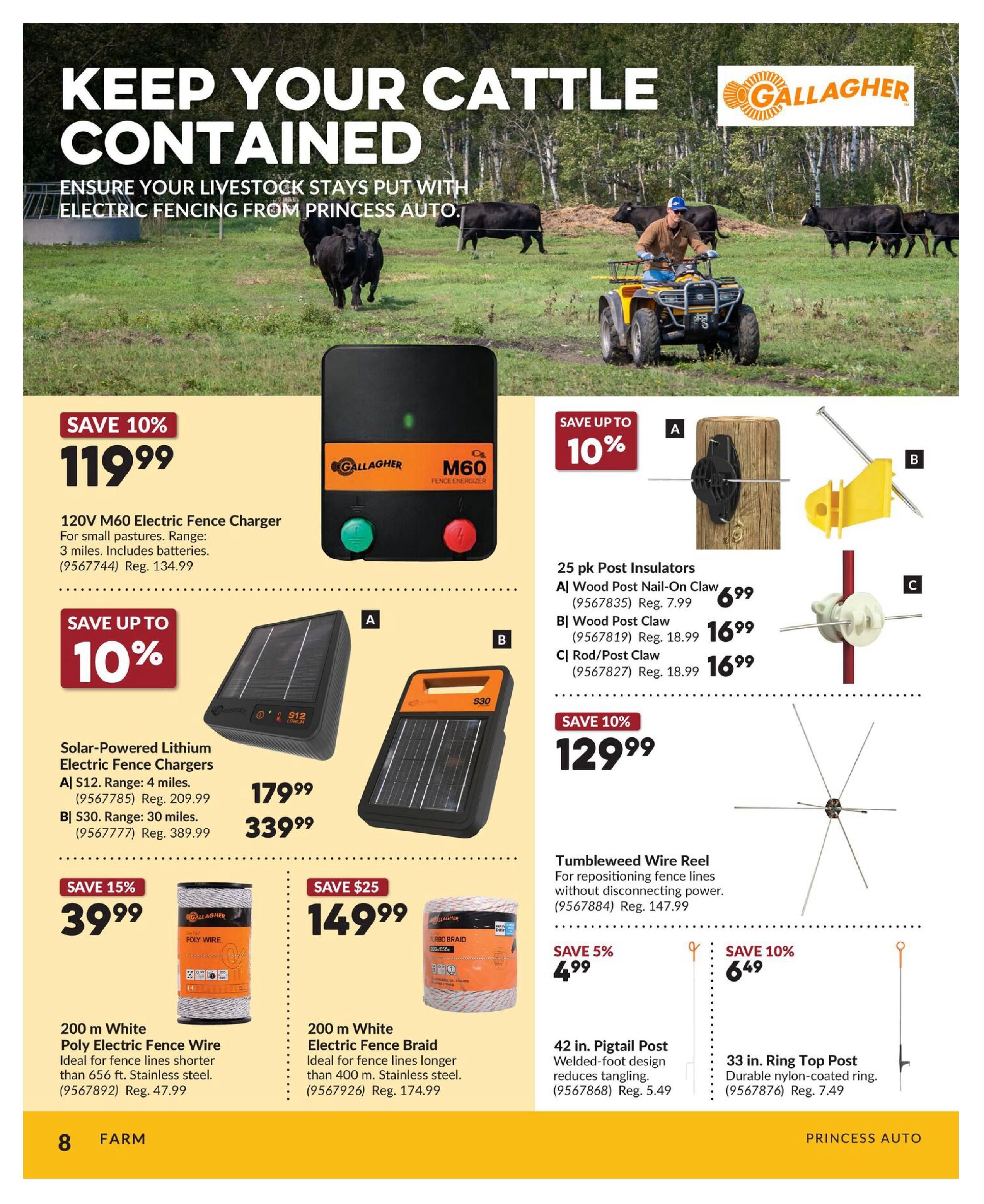 Princess Auto flyer page 8, featuring electric fencing supplies. Keep your cattle contained with Gallagher products. Save 10% on the 120V M60 Electric Fence Charger for small pastures, now $119.99 (regular $134.99). Includes batteries and has a 3-mile range. Also save up to 10% on Solar-Powered Lithium Electric Fence Chargers: Model S12 with a 4-mile range is $179.99 (regular $209.99), and Model S30 with a 30-mile range is $339.99 (regular $389.99). Featured are 25 pk Post Insulators: Wood Post Nail-On Claws for $6.99 (regular $7.99), Wood Post Claws for $16.99 (regular $18.99), and Rod/Post Claws for $16.99 (regular $18.99). Save 15% on 200 m White Poly Electric Fence Wire, ideal for fence lines shorter than 656 ft, now $39.99 (regular $47.99). Save $25 on 200 m White Electric Fence Braid, ideal for longer fence lines, now $149.99 (regular $174.99). Also available is a Tumbleweed Wire Reel for $129.99 (regular $147.99). Save 5% on a 42 in. Pigtail Post with welded-foot design for $4.99 (regular $5.49). Save 10% on a 33 in. Ring Top Post with durable nylon-coated ring for $6.49 (regular $7.49).