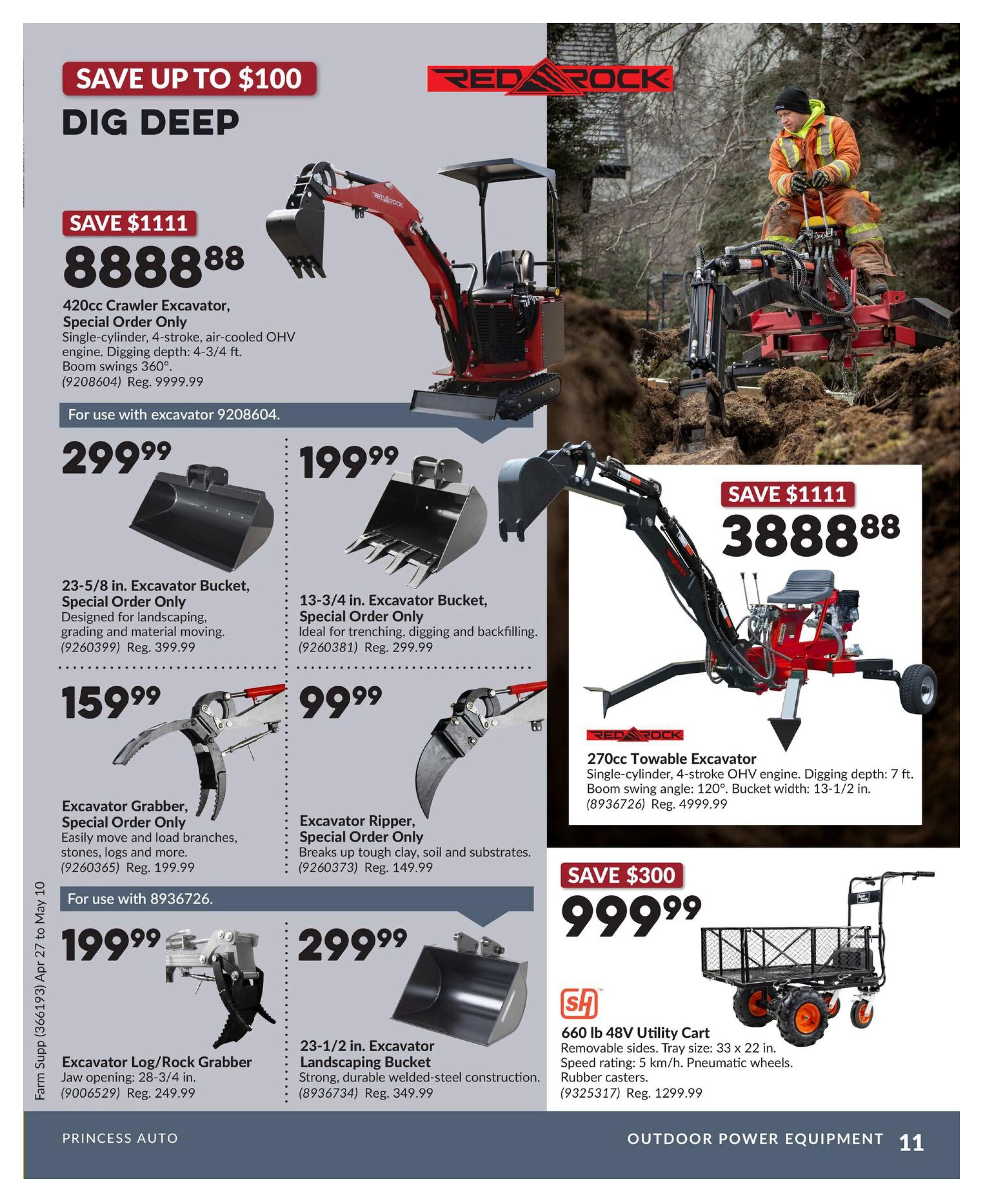 Princess Auto flyer page 11 features 'Dig Deep' savings. A 420cc Crawler Excavator is on sale for $8888.88, down from $9999.99. It has a single-cylinder, 4-stroke, air-cooled OHV engine, a digging depth of 4-3/4 ft, and 360° boom swings. Also available is a 270cc Towable Excavator for $3888.88, down from $4999.99, with a single-cylinder, 4-stroke OHV engine, 7 ft digging depth, 120° boom swing angle, and 13-1/2 in. bucket width. Several excavator attachments are featured: a 23-5/8 in. Excavator Bucket for $299.99 (Reg. $399.99), a 13-3/4 in. Excavator Bucket for $199.99 (Reg. $299.99), an Excavator Grabber for $159.99 (Reg. $199.99), an Excavator Ripper for $99.99 (Reg. $149.99), an Excavator Log/Rock Grabber for $199.99 (Reg. $249.99), and a 23-1/2 in. Excavator Landscaping Bucket for $299.99 (Reg. $349.99). A 660 lb 48V Utility Cart with removable sides, a 33 x 22 in. tray, 5 km/h speed rating, pneumatic wheels, and rubber casters is on sale for $999.99, down from $1299.99. This page is part of the 'Farm Supp' section valid from April 27 to May 10.