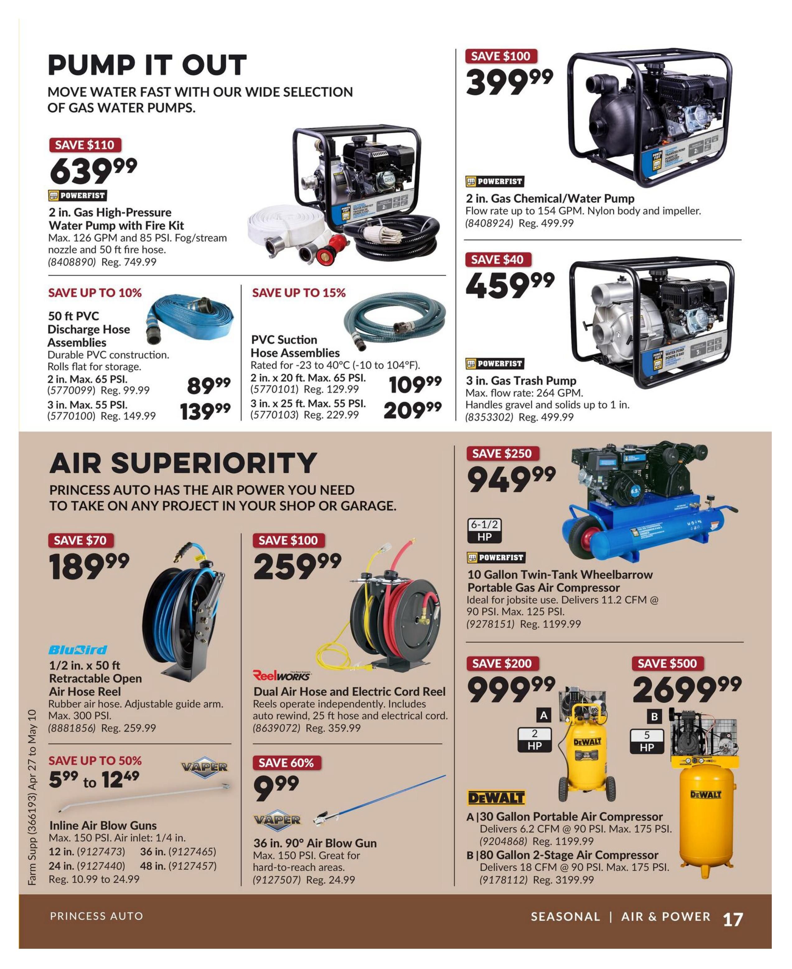 Princess Auto flyer page 17 features water pumps and air equipment. Top section highlights gas water pumps: a 2 in. Powerfist High-Pressure Water Pump with Fire Kit is on sale for $639.99 (Save $110), and a 2 in. Powerfist Gas Chemical/Water Pump is $399.99 (Save $100). Also available are 50 ft PVC Discharge Hose Assemblies for $89.99 (2 in. Max. 65 PSI) and $139.99 (3 in. Max. 55 PSI), and PVC Suction Hose Assemblies for $109.99 (2 in. x 20 ft. Max. 65 PSI) and $209.99 (3 in. x 25 ft. Max. 55 PSI). A 3 in. Powerfist Gas Trash Pump is priced at $459.99 (Save $40). The 'Air Superiority' section showcases air power tools: a BluBird 1/2 in. x 50 ft Retractable Open Air Hose Reel is $189.99 (Save $70). Reelworks Dual Air Hose and Electric Cord Reel is $259.99 (Save $100). Vaper Inline Air Blow Guns are on sale from $5.99 to $12.49 (Save up to 50%). A Vaper 36 in. 90° Air Blow Gun is $9.99 (Save 60%). Air compressors include a Powerfist 10 Gallon Twin-Tank Wheelbarrow Portable Gas Air Compressor for $949.99 (Save $250), and DeWalt compressors: A 30 Gallon Portable Gas Air Compressor for $999.99 (Save $200) and a 80 Gallon 2-Stage Air Compressor for $2699.99 (Save $500).