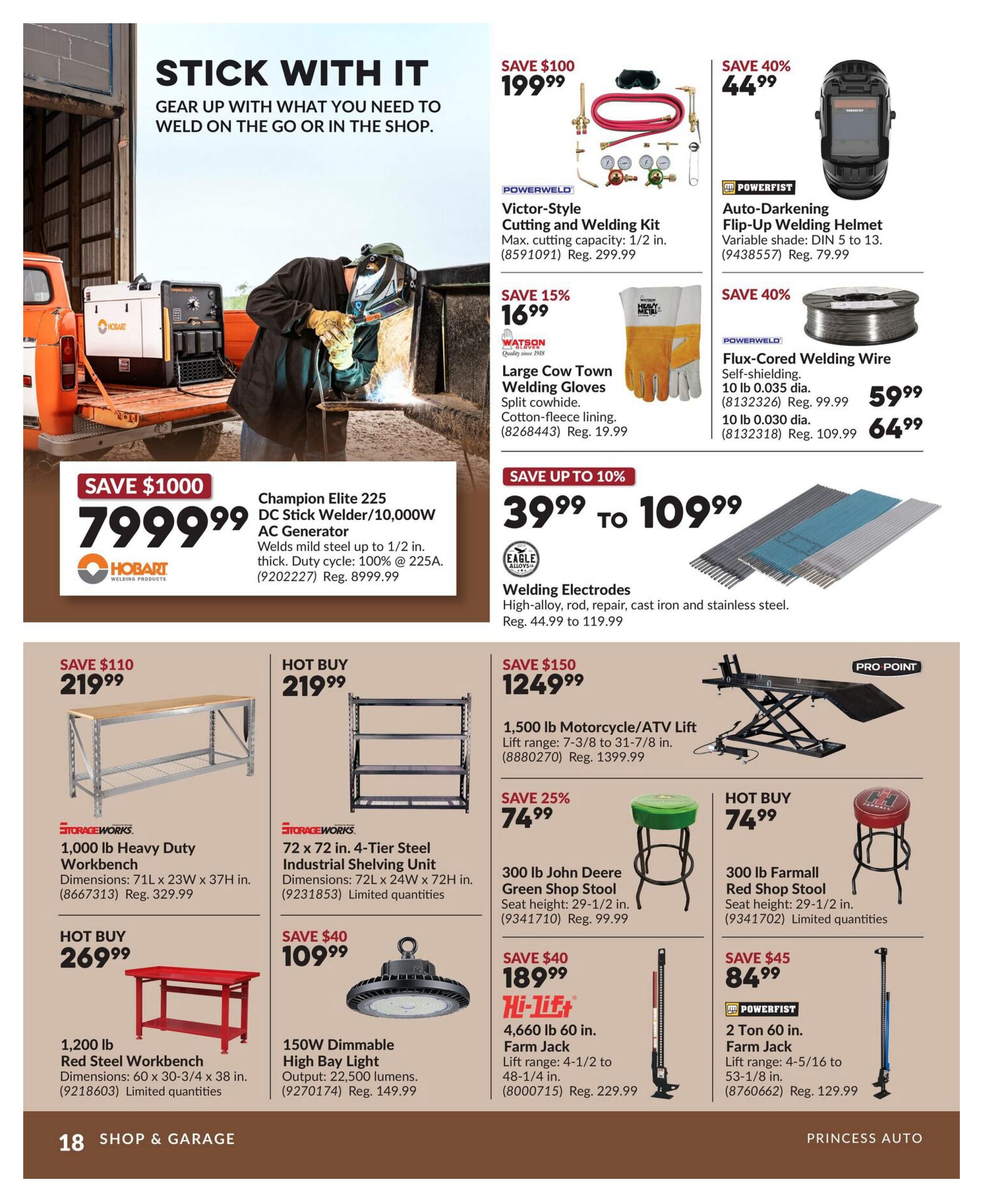 Princess Auto flyer page 18 features welding and garage equipment. Top section highlights: Powerweld Victor-Style Cutting and Welding Kit for $199.99 (Save $100), Watson Large Cow Town Welding Gloves for $16.99 (Save 15%), Powerfist Auto-Darkening Welding Helmet for $44.99 (Save 40%), and Powerweld Flux-Cored Welding Wire starting at $59.99. Also featured is a Hobart Champion Elite 225 DC Stick Welder/10,000W AC Generator for $799.99 (Save $1000) and Eagle Alloys Welding Electrodes from $39.99 to $109.99 (Save up to 10%). Mid-section includes: Storageworks 1,000 lb Heavy Duty Workbench for $219.99 (Save $110), Storageworks 72 x 72 in. 4-Tier Steel Industrial Shelving Unit for $219.99 (Hot Buy), Pro Point 1,500 lb Motorcycle/ATV Lift for $1249.99 (Save $150). Bottom section offers: a 1,200 lb Red Steel Workbench for $269.99 (Hot Buy), a 150W Dimmable High Bay Light for $109.99 (Save $40), a 300 lb John Deere Green Shop Stool for $74.99 (Save 25%), a 300 lb Farmall Red Shop Stool for $74.99 (Hot Buy), a Hi-Lift 4,660 lb 60 in. Farm Jack for $189.99 (Save $40), and a Powerfist 2 Ton 60 in. Farm Jack for $84.99 (Save $45).
