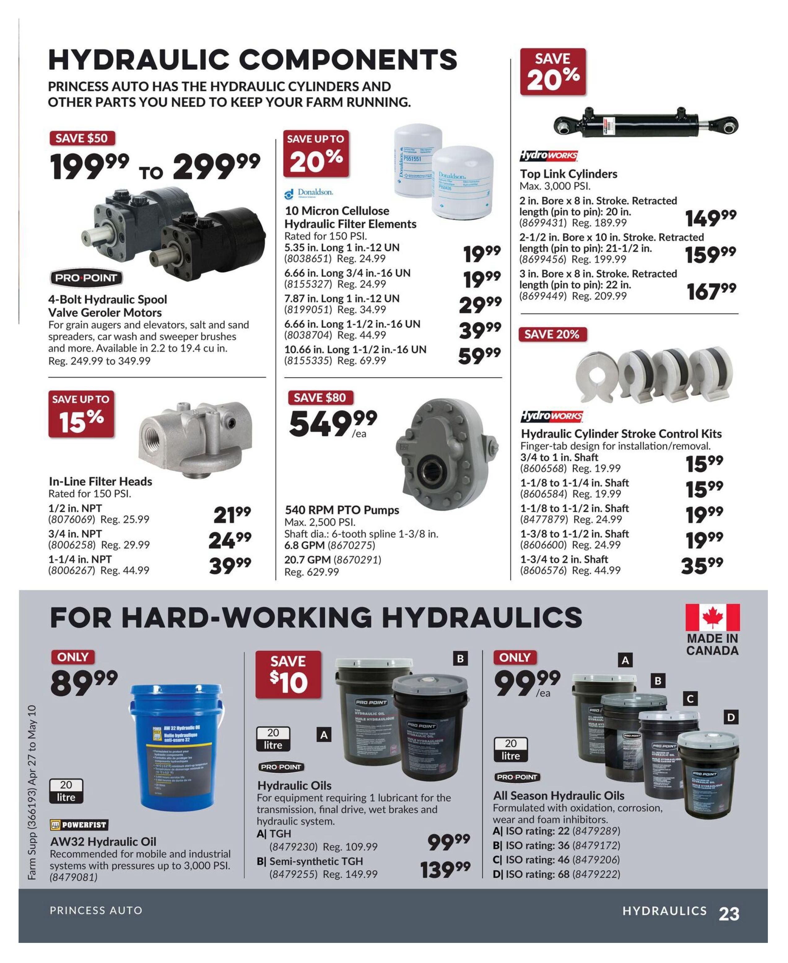 Princess Auto flyer page 23 features hydraulic components. Save $50 on Pro Point 4-Bolt Hydraulic Spool Valve Geroler Motors, priced from $199.99 to $299.99. Save up to 20% on Donaldson 10 Micron Cellulose Hydraulic Filter Elements, with prices ranging from $19.99 to $59.99. HydroWorks Top Link Cylinders are available, with prices from $149.99 to $167.99. Save up to 15% on In-Line Filter Heads rated for 150 PSI, with prices for 1/2 in. NPT at $21.99, 3/4 in. NPT at $24.99, and 1-1/4 in. NPT at $39.99. Save $80 on a 540 RPM PTO Pump for $549.99/ea. HydroWorks Hydraulic Cylinder Stroke Control Kits are on sale for $15.99 to $35.99. For hard-working hydraulics, Powerfist AW32 Hydraulic Oil (20 litre) is only $89.99. Pro Point Hydraulic Oils are available with a $10 saving: TGH for $99.99 and Semi-synthetic TGH for $139.99. Also featured are Pro Point All Season Hydraulic Oils (20 litre) starting at $99.99, with various ISO ratings available.