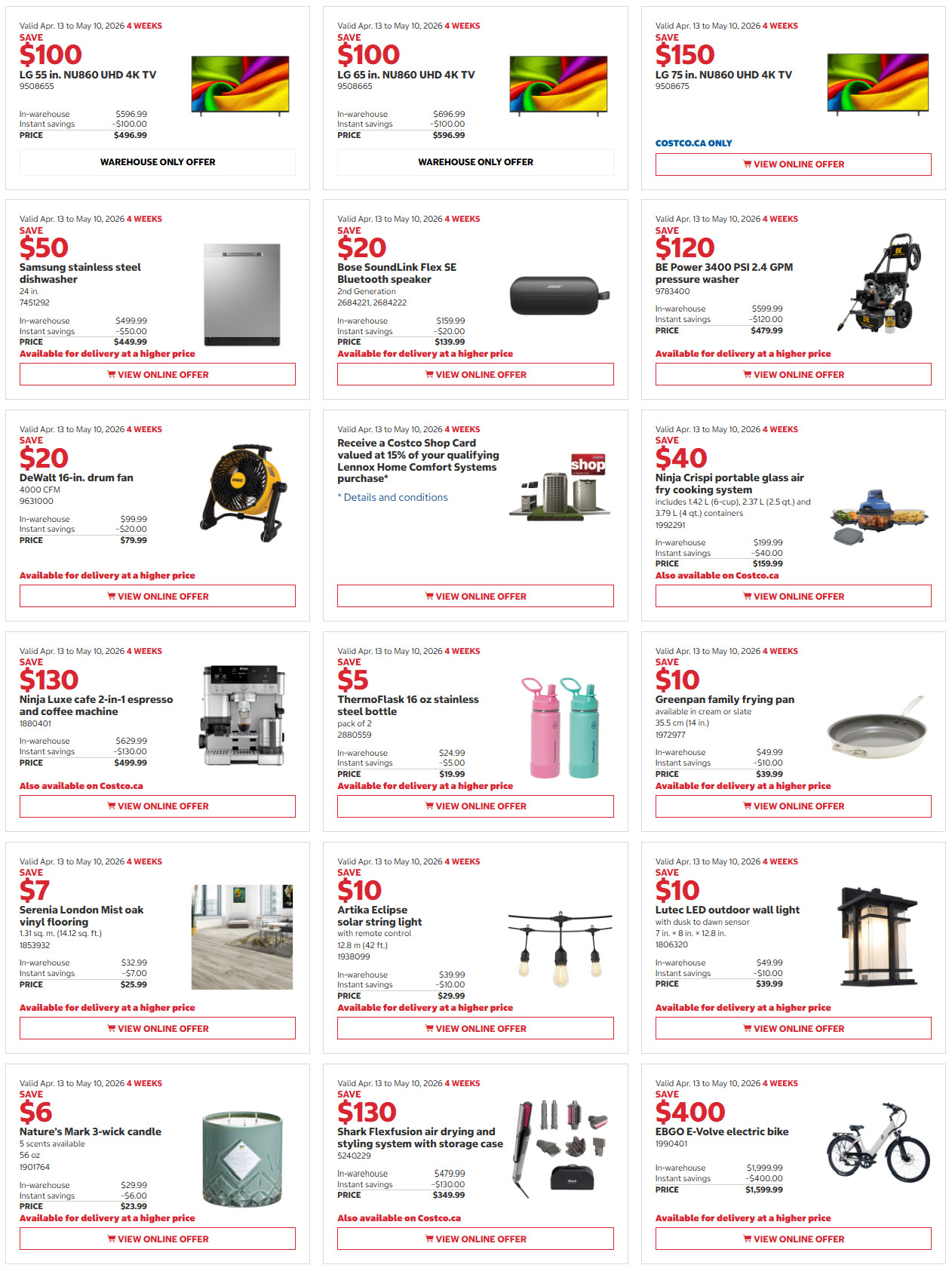 Costco flyer page 2 features savings from April 13 to May 10, 2026. Offers include LG 55-inch and 65-inch NU860 UHD 4K TVs with savings of $100 and $150 respectively, priced at $496.99 and $596.99. A Samsung stainless steel dishwasher is $50 off, selling for $449.99. The Bose SoundLink Flex SE Bluetooth speaker is $20 off, priced at $139.99. A DeWalt 16-inch drum fan is $20 off, available for $79.99. Receive a Costco Shop Card valued at 15% of your qualifying Lennox Home Comfort Systems purchase. The Ninja Crispi portable glass air fry cooking system is $40 off, priced at $159.99. A Ninja Luxe cafe 2-in-1 espresso and coffee machine is $130 off, selling for $499.99. The ThermoFlask 16 oz stainless steel bottle (2-pack) is $5 off, priced at $19.99. A Greenpan family frying pan is $10 off, available for $39.99. Serenia London Mist oak vinyl flooring is $7 off, priced at $25.99. Artika Eclipse solar string light with remote control is $10 off, priced at $29.99. Lutec LED outdoor wall light is $10 off, priced at $39.99. Nature's Mark 3-wick candle (5 scents) is $6 off, priced at $23.99. The Shark FlexFusion air drying and styling system with storage case is $130 off, priced at $349.99. Finally, the EBGO E-Volve electric bike is $400 off, selling for $1,599.99.