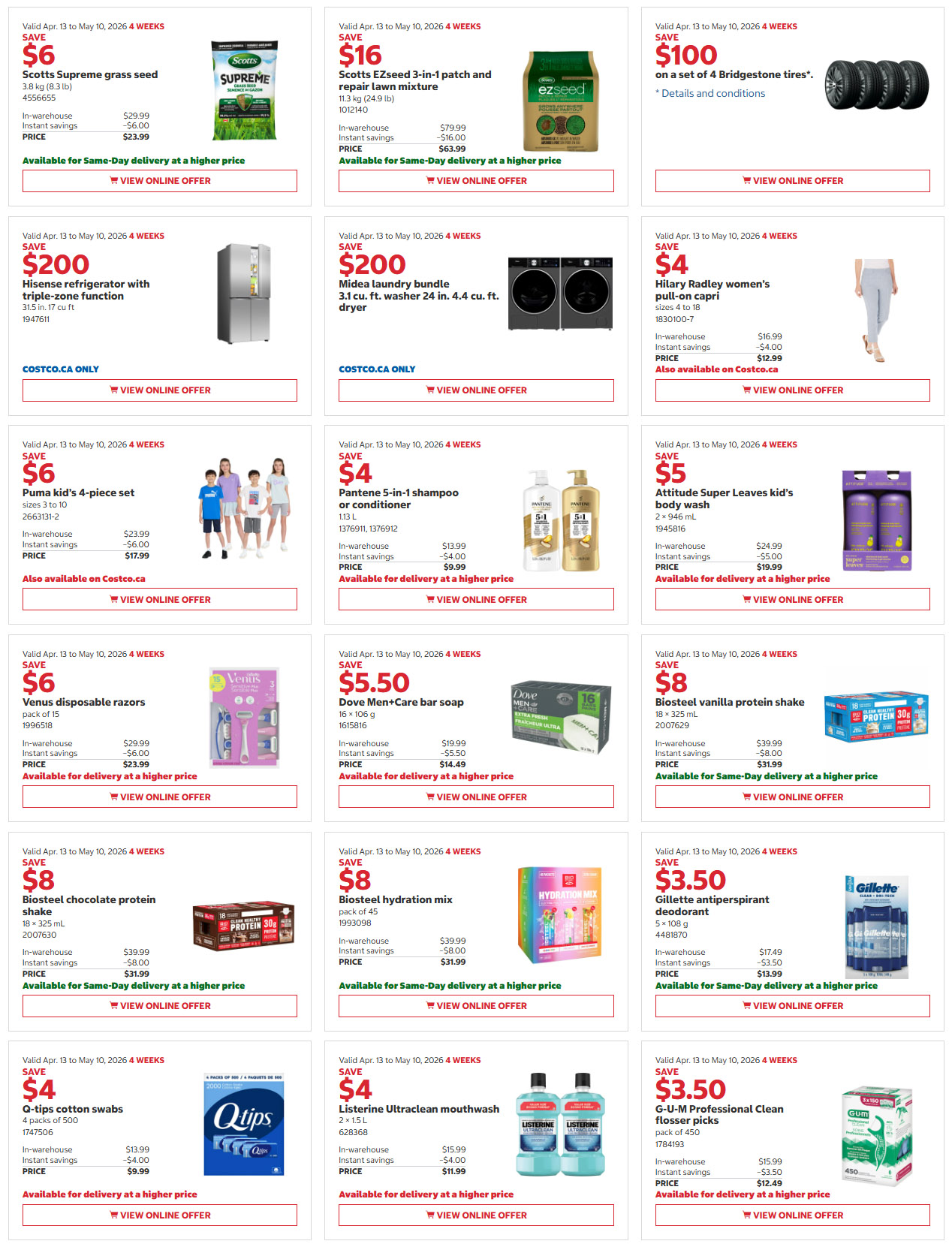 Costco flyer page 3 features savings from April 13 to May 10, 2026. Offers include $6 off Scotts Supreme grass seed, $16 off Scotts EZ Seed 3-in-1 patch and repair lawn mixture, and $100 off a set of 4 Bridgestone tires. Save $200 on a Hisense refrigerator with triple-zone function and $200 on a Midea laundry bundle. Also available are $6 off Puma kid's 4-piece set, $4 off Pantene 5-in-1 shampoo or conditioner, and $5 off Attitude Super Leaves kid's body wash. Other deals include $6 off Venus disposable razors, $5.50 off Dove Men+Care bar soap, $8 off Biosteel chocolate protein shake, and $8 off Biosteel vanilla protein shake. Additionally, save $4 on Q-Tips cotton swabs, $4 on Listerine Ultraclean mouthwash, $3.50 off Gillette antiperspirant deodorant, and $3.50 off G-U-M Professional Clean flosser picks.