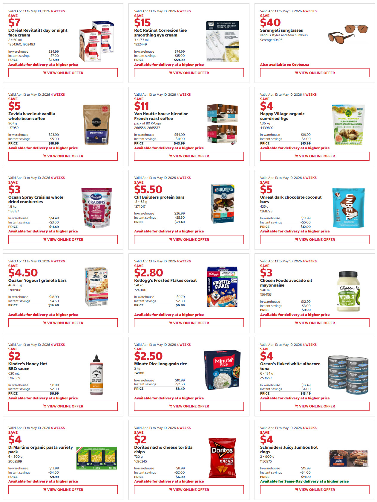 Costco flyer page 4 features savings from April 13 to May 10, 2026. Featured items include L'Oréal Revitalift day or night face cream for $27.99, RoC Retinol Correxion line smoothing eye cream for $59.99, Zavida hazelnut vanilla whole bean coffee for $18.99, Van Houtte house blend or French roast coffee for $43.99, Happy Village organic sun-dried figs for $15.99, Ocean Spray Craisins whole dried cranberries for $11.49, Clif Builders protein bars for $21.49, Unreal dark chocolate coconut bars for $12.99, Quaker Yogurt granola bars for $14.49, Kellogg's Frosted Flakes cereal for $6.99, Chosen Foods avocado oil mayonnaise for $9.99, Kinder's Honey Hot BBQ sauce for $6.99, Minute Rice long grain rice for $8.49, Ocean's flaked white albacore tuna for $13.49, Di Martino organic pasta variety pack for $9.99, and Schneiders Juicy Hamburg hot dogs for $11.99. Many items offer instant savings.