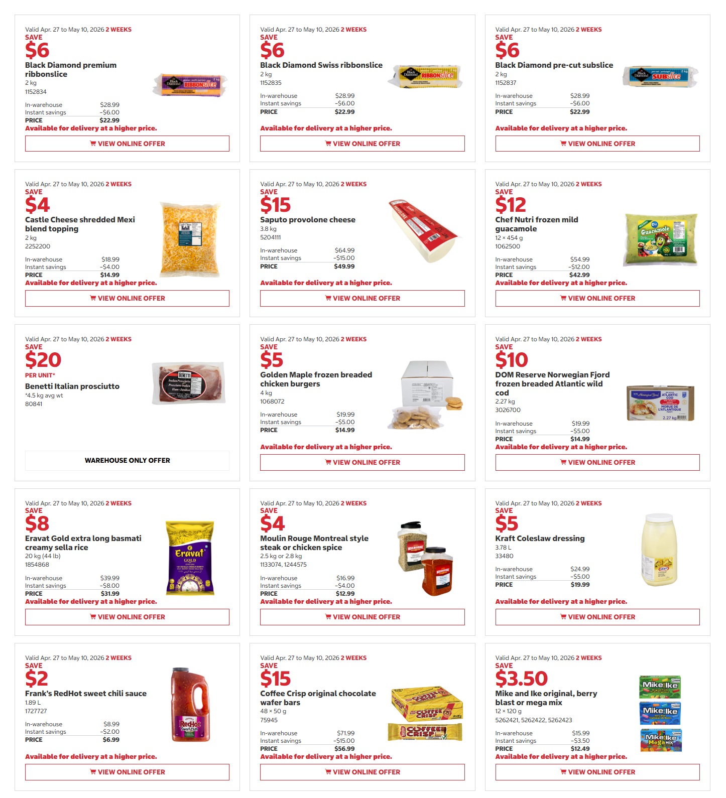 Costco flyer page 1 features savings from April 27 to May 10, 2026. Deals include Black Diamond premium ribbonslice for $6 off, Black Diamond Swiss ribbonslice for $6 off, and Black Diamond pre-cut subslice for $6 off. Also featured are Castle Cheese shredded Mexi blend topping for $4 off, Saputo provolone cheese for $15 off, and Chef Nutri frozen mild guacamole for $12 off. Benetti Italian prosciutto is a warehouse-only offer with a $20 per unit saving. Golden Maple frozen breaded chicken burgers are on sale for $5 off, and DOM Reserve Norwegian Fjord frozen breaded Atlantic wild cod is $10 off. Ervat Gold extra long basmati creamy sella rice is $8 off, and Moulin Rouge Montreal style steak or chicken spice is $4 off. Frank's RedHot sweet chili sauce is $2 off, Coffee Crisp original chocolate wafer bars are $15 off, and Mike and Ike original, berry blast or mega mix is $3.50 off.