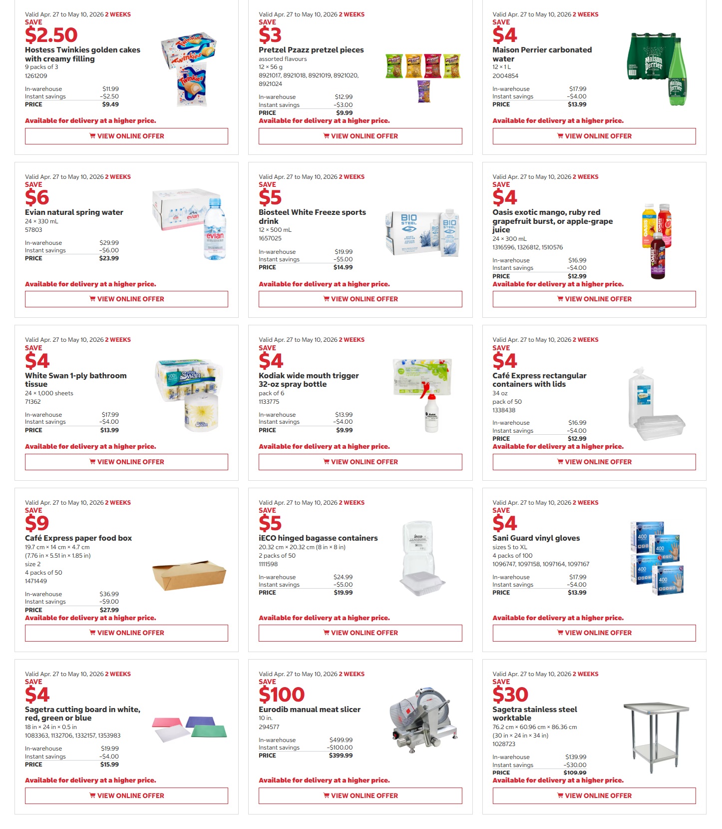 Costco flyer page 2 features savings from April 27 to May 10, 2026. Deals include Hostess Twinkies golden cakes for $9.49, Pretzel Pizzazz pretzel pieces for $9.99, and Maison Perrier carbonated water for $13.99. Also available are Evian natural spring water for $23.99, Biosteel Freeze sports drink for $14.99, and Oasis exotic mango, ruby red grapefruit burst, or apple-grape juice for $12.99. Other offers include White Swan 1-ply bathroom tissue for $13.99, Kodiak wide mouth trigger 32-oz spray bottle for $9.99, and Café Express rectangular containers with lids for $12.99. Additionally, find Café Express paper food box for $27.99, iECO hinged bagasse containers for $19.99, Sani Guard vinyl gloves for $13.99, a Sagetra cutting board in white, red, green or blue for $15.99, a Eurodib manual meat slicer for $399.99, and a Sagetra stainless steel worktable for $109.99.