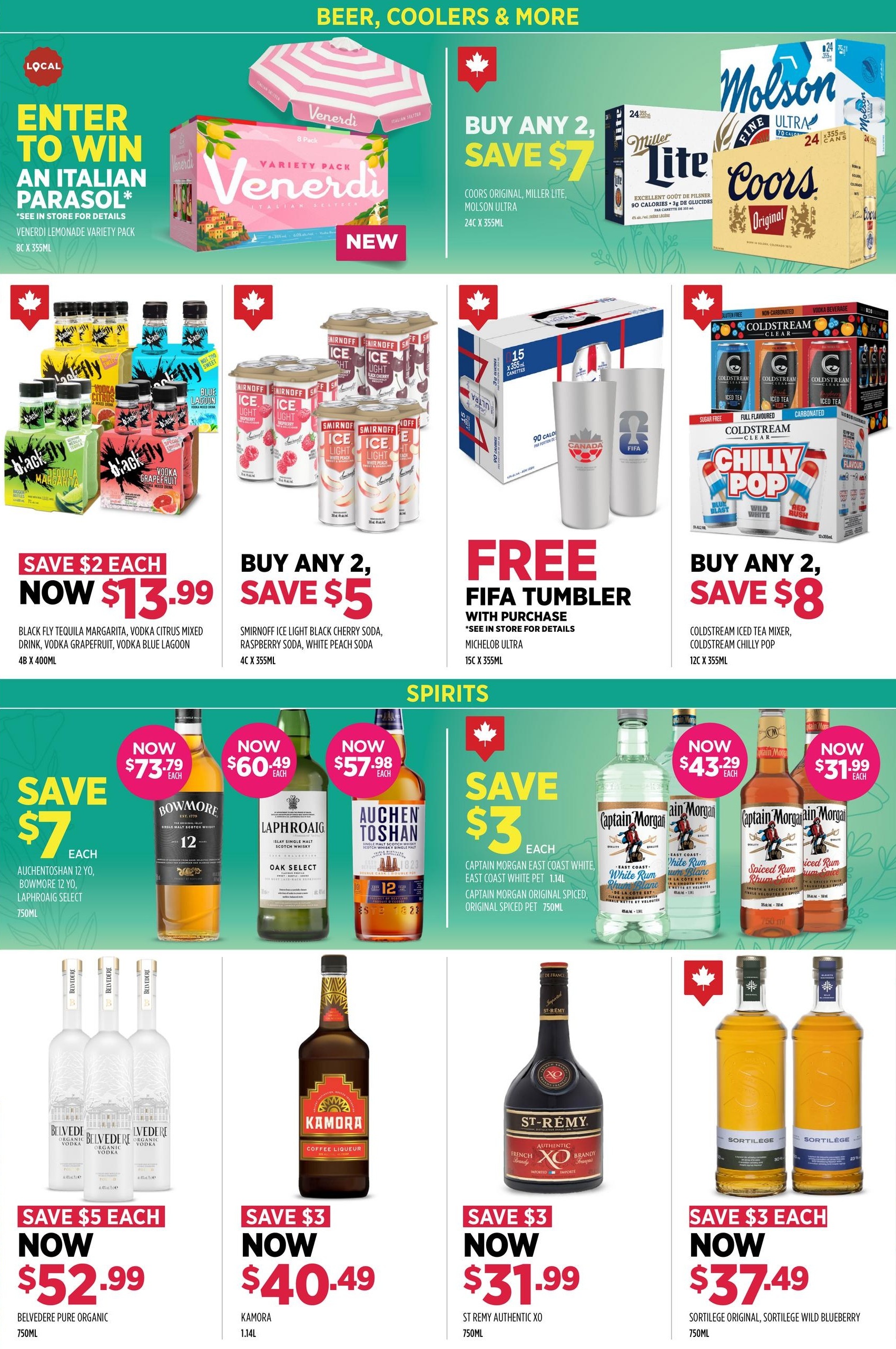 Alcool NB Liquor weekly flyer specials page 2 features beer, coolers, and spirits. Top section highlights a 'Win an Italian Parasol' contest with Venerdi Lemonade Variety Pack. Beer offers include 'Buy any 2, Save $7' on Coors Original, Miller Lite, and Molson Ultra 24x 355ml. Also featured are 'Buy any 2, Save $5' on Smirnoff Ice Light Black Cherry Soda, Raspberry Soda, and White Peach Soda 4C x 355ml. A 'Free FIFA Tumbler with Purchase' is available for MICHILOB ULTRA 15C x 355ml. 'Buy any 2, Save $8' on Coldstream Iced Tea Mixer and Coldstream Chilly Pop 12C x 355ml. The Spirits section includes 'Save $7 Each' on Auchentoshan 12 YO, Bowmore 12 YO, and Laphroaig Select 750ml, with prices now $73.79, $60.49, and $57.98 respectively. 'Save $3 Each' on Captain Morgan East Coast White, East Coast White Pet 1.14L, and Captain Morgan Original Spiced, Original Spiced Pet 750ml. Featured spirits are now $43.29 and $31.99 each. Bottom section shows 'Save $5 Each' on Belvedere Pure Organic 750ml for now $52.99, 'Save $3' on Kamora Coffee Liqueur 1.14L for now $40.49, and 'Save $3 Each' on Sortilege Original and Sortilege Wild Blueberry 750ml for now $37.49 each. St Remy Authentic XO 750ml is also on sale for $31.99.
