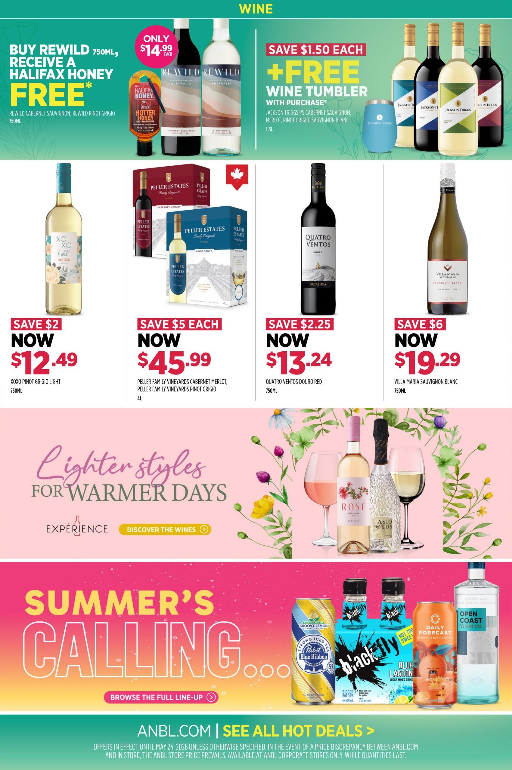 Alcool NB Liquor weekly flyer specials page 3 features wine deals. Buy Rewild 750mL Cabernet Sauvignon or Pinot Grigio and receive a free Halifax Honey for only $14.99. Save $1.50 each on Jackson Triggs 1.5L Cabernet Sauvignon, Merlot, Pinot Grigio, or Sauvignon Blanc and get a free wine tumbler with purchase. XOXO Pinot Grigio Light 750mL is on sale for $12.49, a $2 saving. Peller Estates Family Vineyards Cabernet Merlot and Pinot Grigio 4L are $45.99 each, a $5 saving. Quatro Ventos Douro Red 750mL is $13.24, a $2.25 saving. Villa Maria Sauvignon Blanc 750mL is $19.29, a $6 saving. The page also highlights 'Lighter styles for warmer days' with images of rosé and sparkling wine, and a 'Summer's Calling' section with various ready-to-drink beverages including PBR Strong Iced Tea, Black Fly Blue Lagoon, Daily Forecast, and Open Coast Gin Co.