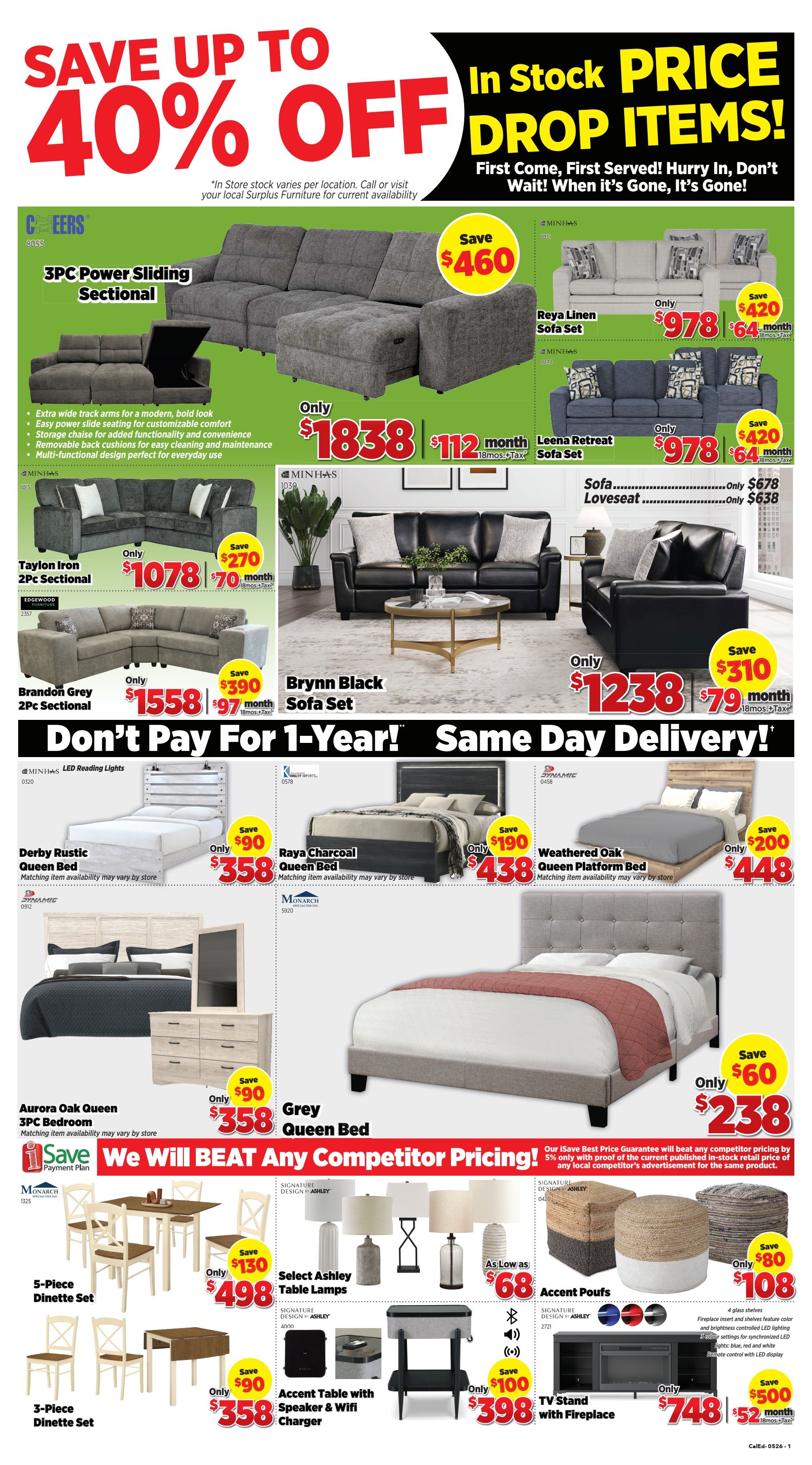 Surplus Furniture & Mattress Warehouse weekly flyer specials page 2. Save up to 40% off in-stock price drop items. Featured products include a 3PC Power Sliding Sectional for only $1838, a Reya Linen Sofa Set for $978, a Leena Retreat Sofa Set for $978, a Taylon Iron 2PC Sectional for $1078, a Brynn Black Sofa Set for $1238, and a Brandon Grey 2PC Sectional for $1558. Also available are a Derby Rustic Queen Bed for $358, a Raya Charcoal Queen Bed for $438, a Weathered Oak Queen Platform Bed for $448, and a Grey Queen Bed for $238. Dining sets include a 5-Piece Dinette Set for $498 and a 3-Piece Dinette Set for $358. Other items include Select Ashley Table Lamps starting at $68, Accent Poufs for $108, an Accent Table with Speaker & Wifi Charger for $398, and a TV Stand with Fireplace for $748. Special financing offers include 'Don't Pay For 1-Year! Same Day Delivery!' and 'We Will BEAT Any Competitor Pricing!