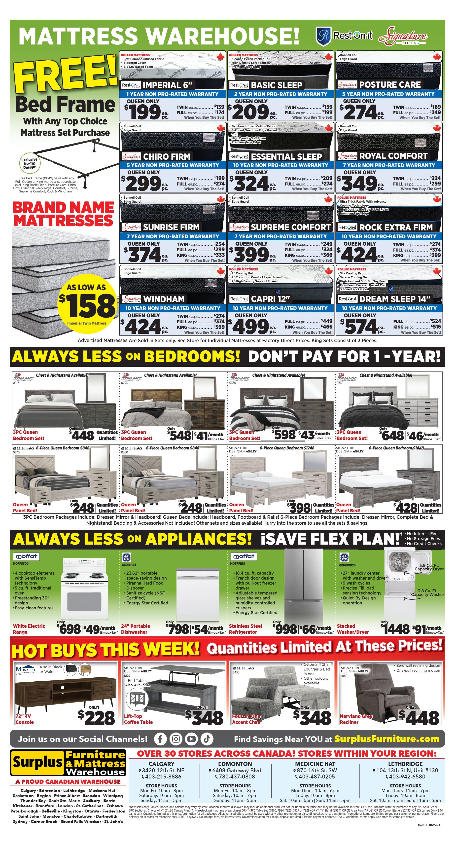 Surplus Furniture & Mattress Warehouse flyer page 3 features a 'Mattress Warehouse!' sale with 'FREE! Bed Frame With Any Top Choice Mattress Set Purchase'. Featured mattresses include Rest-On-It Imperial 6' starting at $199 for Queen, Rest-On-It Basic Sleep 1 Year Non-Pro-Rated Warranty starting at $209 for Queen, Rest-On-It Posture Care 5 Year Non-Pro-Rated Warranty starting at $274 for Queen, Signature Chiro Firm 5 Year Non-Pro-Rated Warranty starting at $299 for Queen, Rest-On-It Essential Sleep 10 Year Non-Pro-Rated Warranty starting at $324 for Queen, Signature Royal Comfort 7 Year Non-Pro-Rated Warranty starting at $349 for Queen, Signature Sunrise Firm 7 Year Non-Pro-Rated Warranty starting at $374 for Queen, Signature Supreme Comfort 7 Year Non-Pro-Rated Warranty starting at $399 for Queen, Rest-On-It Rock Extra Firm 10 Year Non-Pro-Rated Warranty starting at $424 for Queen, Signature Windham 10 Year Non-Pro-Rated Warranty starting at $424 for Queen, Rest-On-It Capri 12' 10 Year Non-Pro-Rated Warranty starting at $499 for Queen, and Rest-On-It Dream Sleep 14' starting at $574 for Queen. Advertised mattresses are sold in sets only. Also featured are 'Always Less on Bedrooms! Don't Pay for 1-Year!' bedroom sets including 3PC Queen Bedroom Sets starting at $448, $548, $598, and $648, and 6-Piece Queen Bedroom Sets starting at $848, $1248, $1448, and $398. Also available are 3PC Bedroom Packages including Dresser, Mirror, Headboard & Footboard & Rails. 'Always Less on Appliances! 'Save Flex Plan!' includes a White Electric Range for $698 with $49/month, a 24' Dishwasher for $798 with $54/month, a Stainless Steel Refrigerator for $998 with $66/month, and a Stacked Washer/Dryer for $1448 with $91/month. 'Hot Buys This Week! Quantities Limited at These Prices!' include a 72' TV Console for $228, a Lift-Top Coffee Table for $348, a Four-in-One Accent Chair for $348, and a Nerviano Grey Recliner for $448. Join Surplus Furniture & Mattress Warehouse on social media and find savings near you across Canada.