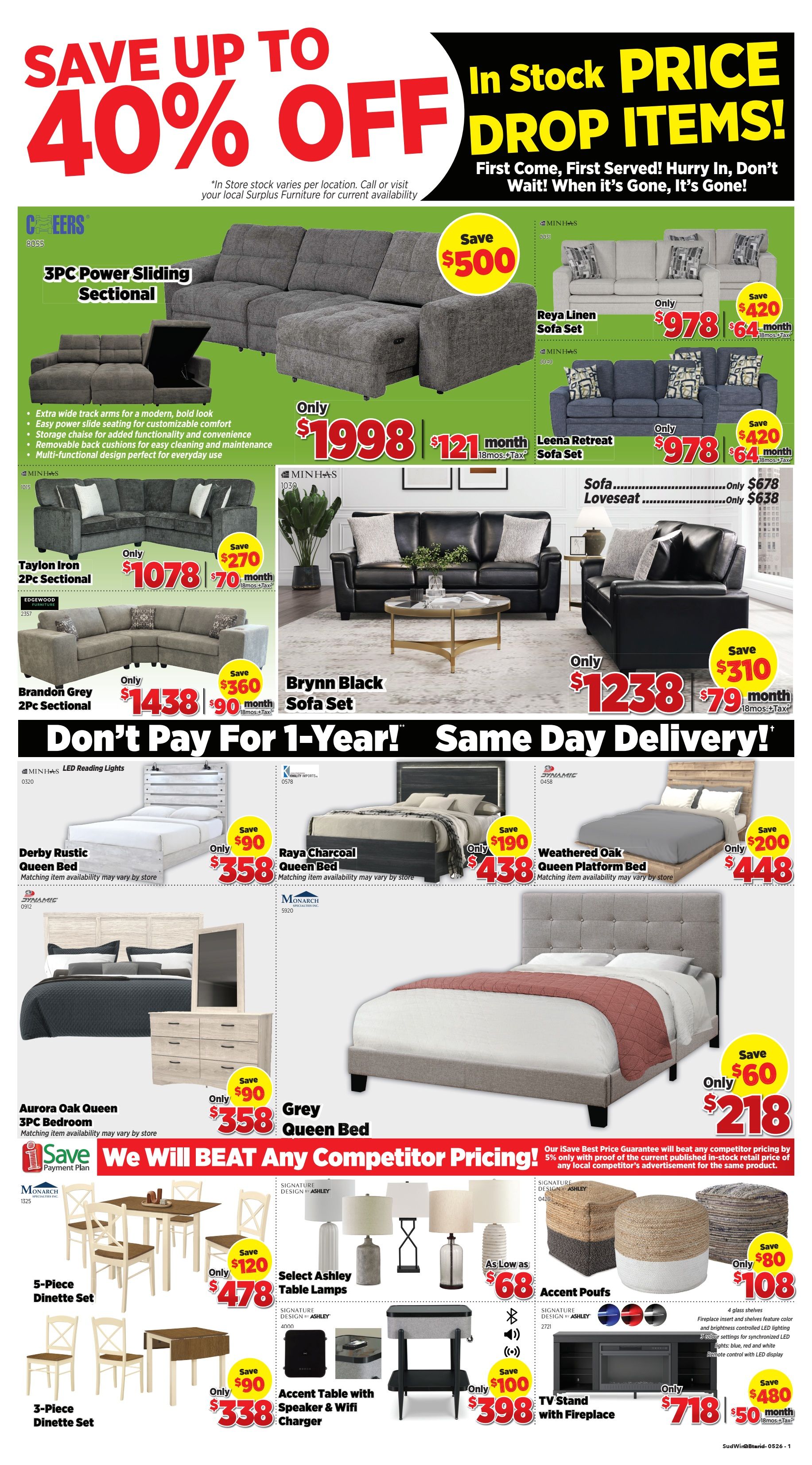 Surplus Furniture & Mattress Warehouse weekly flyer specials for page 2. Save up to 40% off on in-stock price drop items. Featured products include the 3PC Power Sliding Sectional for only $1998, saving $500. The Reya Linen Sofa Set is $978 with a $420 saving, and the Leena Retreat Sofa Set is also $978 with a $420 saving. The Taylon Iron 2PC Sectional is $1078, saving $270. The Brandon Grey 2PC Sectional is $1438, saving $360. The Brynn Black Sofa Set is $1238, saving $310. Don't pay for 1 year with same-day delivery. Queen beds on sale include the Derby Rustic Queen Bed for $358 (save $90), Raya Charcoal Queen Bed for $438 (save $190), and Grey Queen Bed for $218 (save $60). The Weathered Oak Queen Platform Bed is $448, saving $200. Bedroom sets include the Aurora Oak Queen 3PC Bedroom for $358, saving $90. Dining sets include the 5-Piece Dinette Set for $478 (save $120) and the 3-Piece Dinette Set for $338 (save $90). Accent Poufs are $108, saving $80. Select Ashley Table Lamps start at $68. An Accent Table with Speaker & Wifi Charger is $398, saving $100. The TV Stand with Fireplace is $718, saving $480, with 50 months financing available. The flyer also highlights a 'Save' guarantee to beat competitor pricing.