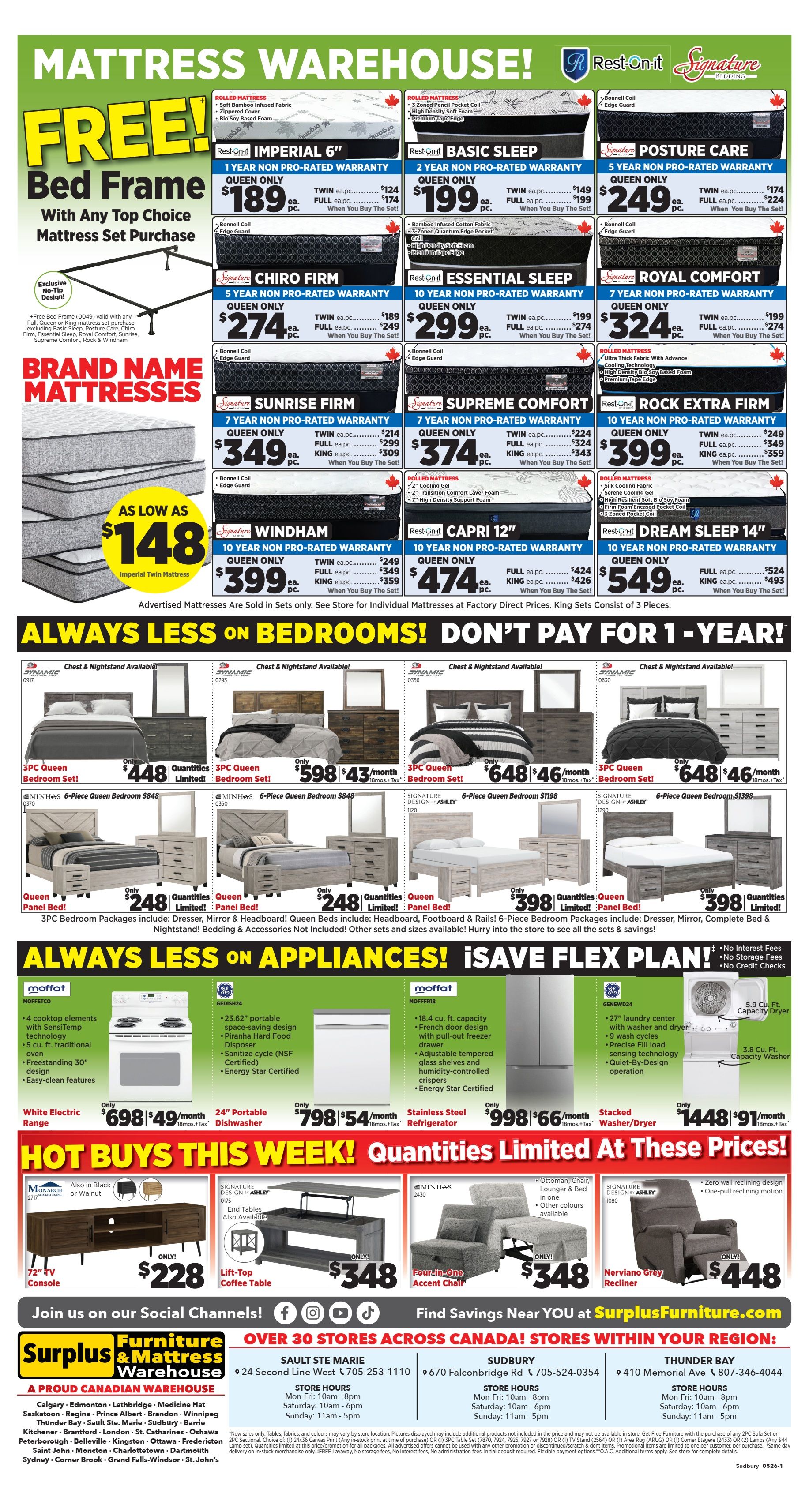 Surplus Furniture & Mattress Warehouse weekly flyer specials for Sudbury, page 3. Featured are mattresses with various warranties including the Rest-On-It Imperial 6' 1-year non-pro-rated warranty mattress for $189, Rest-On-It Basic Sleep 2-year non-pro-rated warranty mattress for $199, and Signature Posture Care 5-year non-pro-rated warranty mattress for $249. Also available are the Signature Chiro Firm 5-year non-pro-rated warranty mattress for $274, Rest-On-It Essential Sleep 10-year non-pro-rated warranty mattress for $299, and Signature Royal Comfort 7-year non-pro-rated warranty mattress for $324. Further down, find the Signature Sunrise Firm 7-year non-pro-rated warranty mattress for $349, Signature Supreme Comfort 7-year non-pro-rated warranty mattress for $374, and Rest-On-It Rock Extra Firm 10-year non-pro-rated warranty mattress for $399. The page also highlights the Signature Windham 10-year non-pro-rated warranty mattress for $399, Rest-On-It Capri 12' 10-year non-pro-rated warranty mattress for $474, and Rest-On-It Dream Sleep 14' 10-year non-pro-rated warranty mattress for $549. Advertised mattresses are sold in sets only. Special offers include a FREE bed frame with any top choice mattress set purchase, excluding Basic Sleep, Posture Care, Chiro Firm, Sunrise Firm, Supreme Comfort, Rock & Windham mattresses. Bedroom sets are featured, including a 3PC Queen Bedroom Set for $448, a 3PC Queen Bedroom Set for $598 with 43/month financing, and another 3PC Queen Bedroom Set for $648 with 46/month financing. Also shown are 6-Piece Queen Bedroom Sets for $848, $1198, and $1398. Queen Panel Beds are available for $248, and Queen Bedroom Packages including Dresser, Mirror, Headboard, Footboard & Rails are $398. Appliance deals include a White Electric Range for $698 with 49/month financing, a 24' Dishwasher for $798 with 54/month financing, and a Stainless Steel Refrigerator for $998 with 66/month financing. A Stacked Washer/Dryer is available for $1448 with 91/month financing. Hot buys of the week include a 72' TV Console for $228, a Lift-Top Coffee Table for $348, a Four-in-One Accent Chair for $348, and a Nerviano Grey Recliner for $448. Join Surplus Furniture & Mattress Warehouse on social media and find savings near you at surplusfurniture.com.