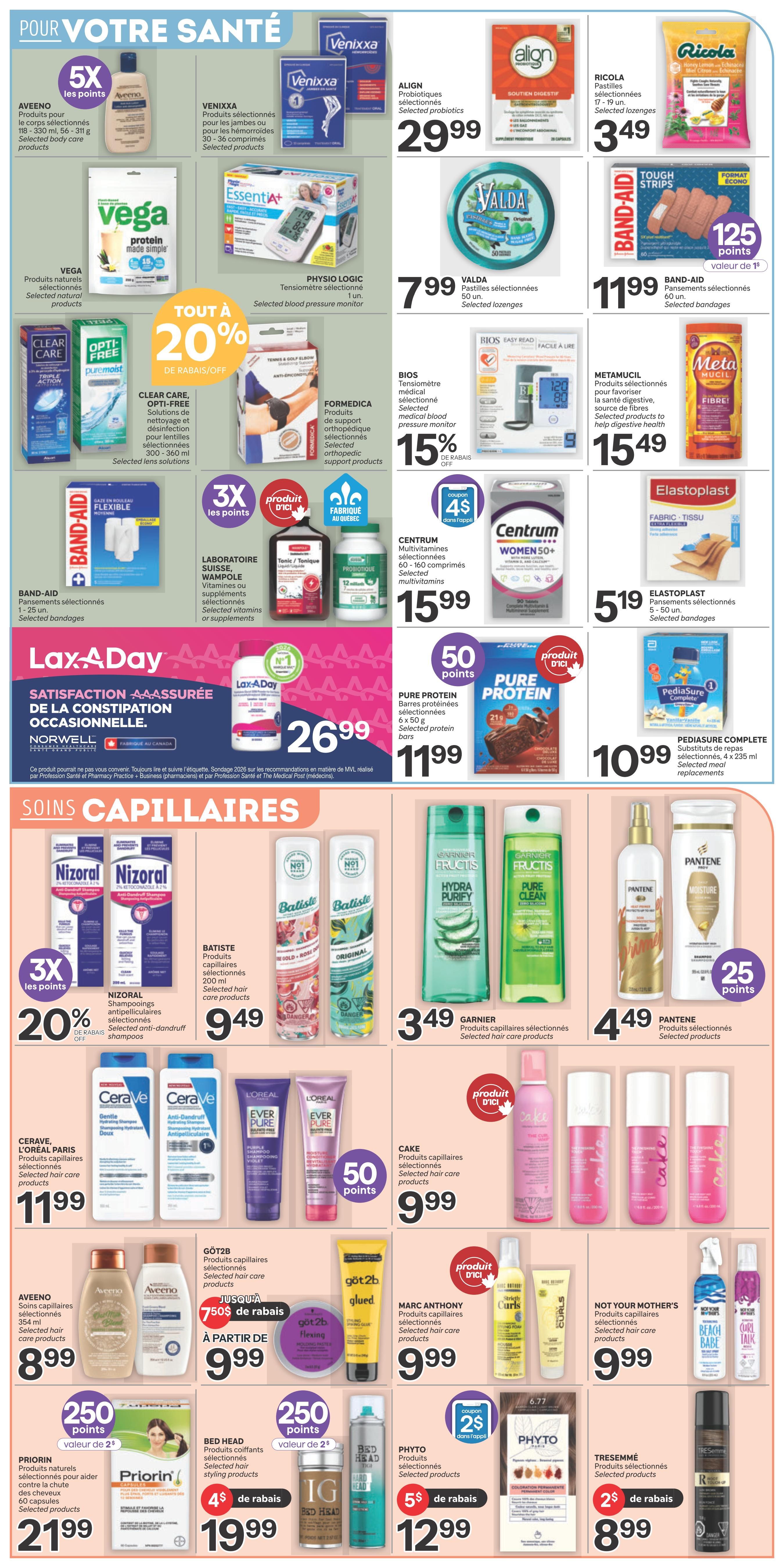 Brunet weekly flyer specials page 4 features health and hair care products. Health section includes Aveeno body care products, Venixxa probiotics, Align probiotics, Ricola lozenges, Vega protein, Valda lozenges, Band-Aid bandages, Physio Logic blood pressure monitor, Essentia, Clear Care lens solutions, Opti-Free lens solutions, Formedica orthopedic support products, Bios blood pressure monitor, Metamucil, Centrum multivitamins, Elastoplast bandages, and PediaSure Complete. There are also special offers like 20% off selected items, 3x points on selected products, and a $4 coupon for Centrum. The hair care section showcases Nizoral shampoos, Batiste dry shampoo, Garnier Fructis hair care, Pantene products, Cerave and L'Oréal Paris hair care, Cake hair care, Got2b hair styling products, Marc Anthony hair care, Not Your Mother's hair care, Aveeno hair care, Priorin hair care, Bed Head styling products, and Phyto products. Offers include 50 points on selected products, 3x points on selected items, and various discounts like $4 off, $5 off, and 20% off.