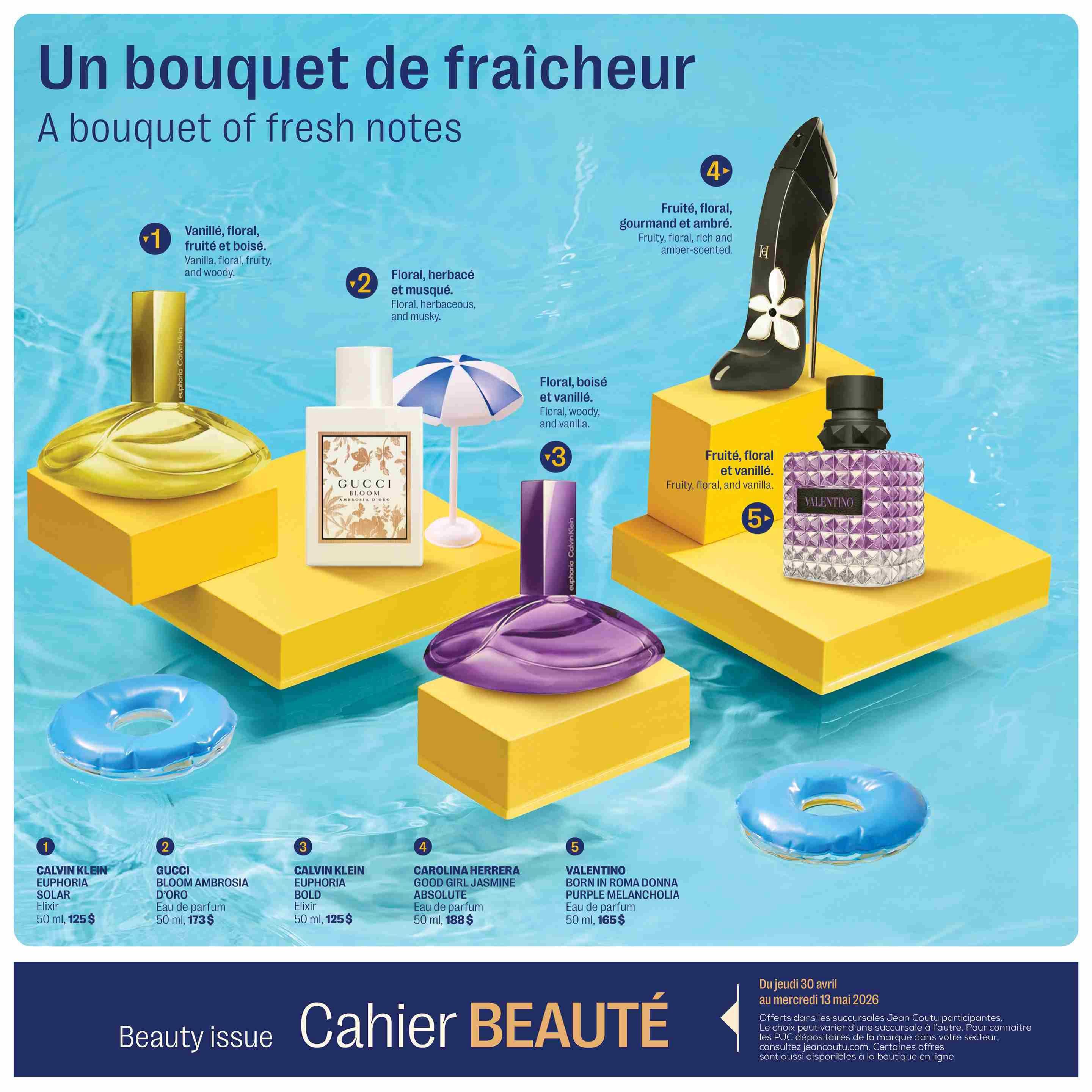 Jean Coutu Beauty Book flyer, page 5. Features a selection of fragrances with descriptive notes. Item 1: Calvin Klein Euphoria Solar Elixir, 50 ml for $125, described as vanilla, floral, fruity, and woody. Item 2: Gucci Bloom Ambrosia D'Oro Eau de parfum, 50 ml for $173, described as floral, herbaceous, and musky. Item 3: Calvin Klein Euphoria Bold Elixir, 50 ml for $125, described as floral, woody, and vanilla. Item 4: Carolina Herrera Good Girl Jasmine Absolute Eau de parfum, 50 ml for $188, described as fruity, floral, rich, and amber-scented. Item 5: Valentino Born in Roma Donna Purple Melancholia Eau de parfum, 50 ml for $165, described as fruity, floral, and vanilla. The flyer is valid from April 30 to May 13, 2026.