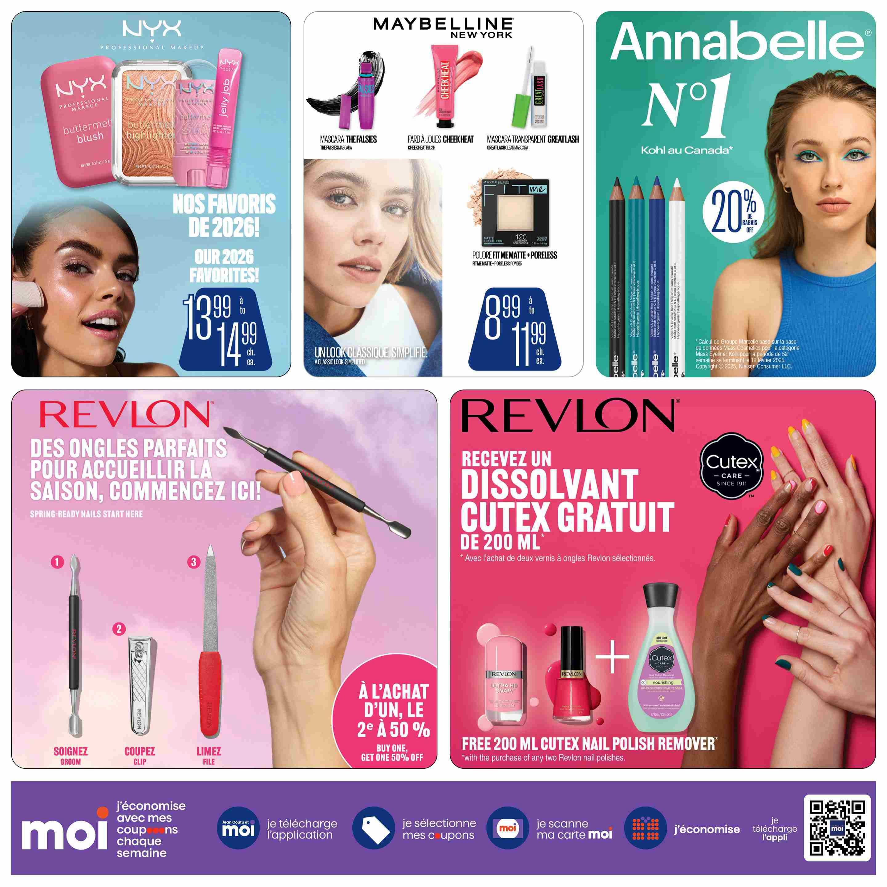 Jean Coutu Beauty Book flyer page 7 features NYX Professional Makeup favorites for 2026, including Butter Gloss lip gloss and Butter Highlighter, priced at $13.99 to $14.99 each. Maybelline New York offers The Falsies Mascara, Cheek Heat Blush, and Great Lash Clear Mascara, with prices ranging from $9.99 to $11.99. Annabelle cosmetics are featured with a 'No. 1 Kohl in Canada' promotion and 20% off Annabelle eyeliner pencils. Revlon promotes nail care with a 'Spring-Ready Nails Start Here' section showcasing grooming, clipping, and filing tools. Additionally, receive a free 200 mL Cutex Nail Polish Remover with the purchase of any two selected Revlon nail polishes. The bottom of the page highlights Jean Coutu's Moi program for savings and app downloads.