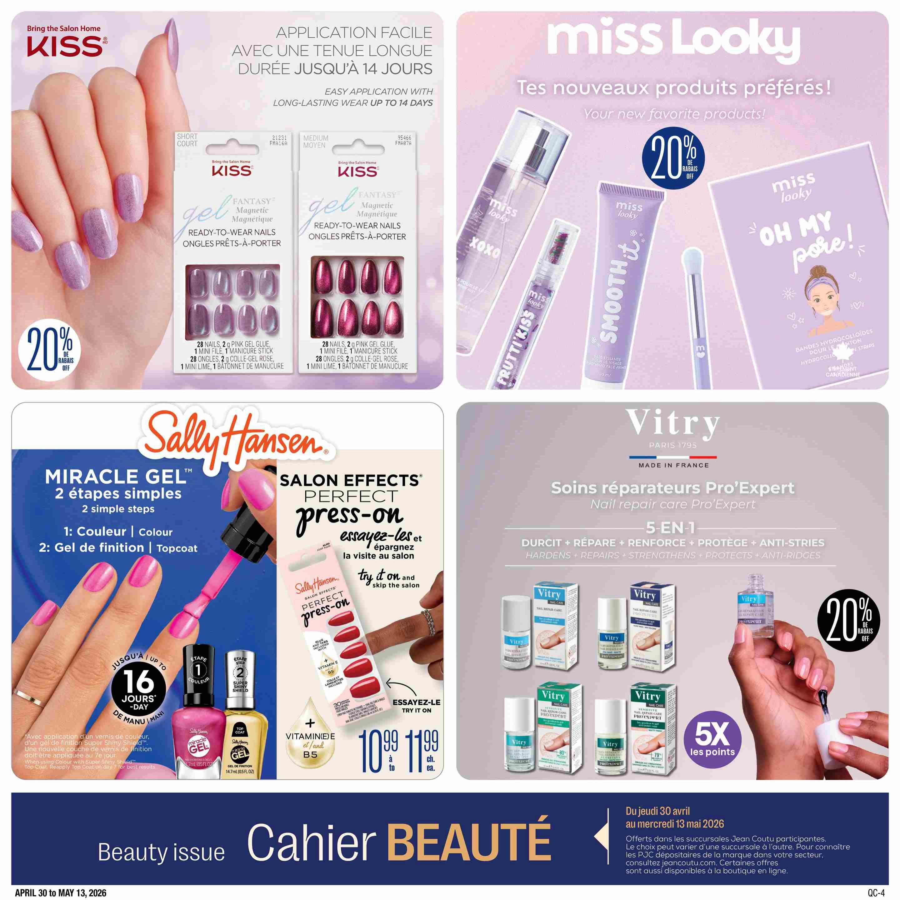 Jean Coutu Beauty Book flyer, page 8. Features Kiss Gel Fantasy Magnetic Ready-to-Wear Nails in various colours, with easy application and long-lasting wear up to 14 days. Also includes Miss Looky new favourite products with a 20% discount, featuring items like 'XOXO' and 'Smooth it'. Sally Hansen Miracle Gel nail colour and topcoat are showcased, offering 2 simple steps for a manicure that lasts up to 16 days. Sally Hansen Salon Effects Perfect Press-On nails are available for $10.99 to $11.99 each, with a 'try it on and skip the salon' message. Vitry Pro'Expert nail repair care products are featured, offering 5-in-1 benefits: hardens, repairs, strengthens, protects, and anti-ridges. Some Vitry products offer 5X the points and a 20% discount. The flyer is valid from April 30 to May 13, 2026.