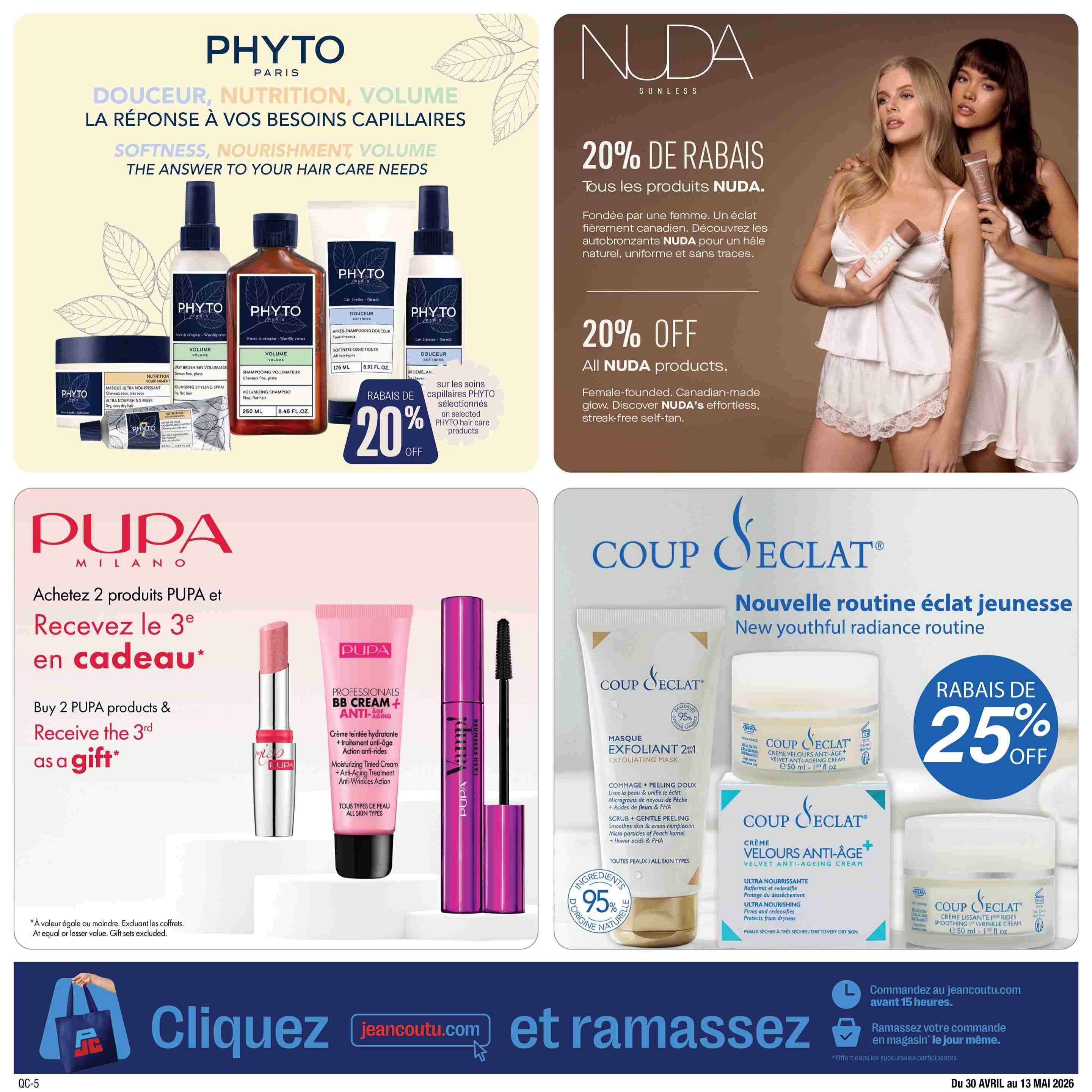Jean Coutu Beauty Book flyer, page 10. Features Phyto Paris hair care products with a 20% discount on selected items. Offers include Phyto volumizing shampoo, volumizing conditioner, and styling spray. Also features NUDA Sunless products with 20% off all items, including their Canadian-made self-tanners. PUPA Milano promotion: Buy 2 PUPA products and receive the 3rd for free, with offers on PUPA Professionals BB Cream + Anti-Aging and Vamp! Lash Extender mascara. Coup d'Éclat offers 25% off their new youthful radiance routine, featuring the Exfoliating Mask and Velvet Anti-Ageing Cream. The bottom banner promotes ordering online at jeancoutu.com for same-day in-store pickup before 3 PM. Valid from April 30 to May 13, 2026.