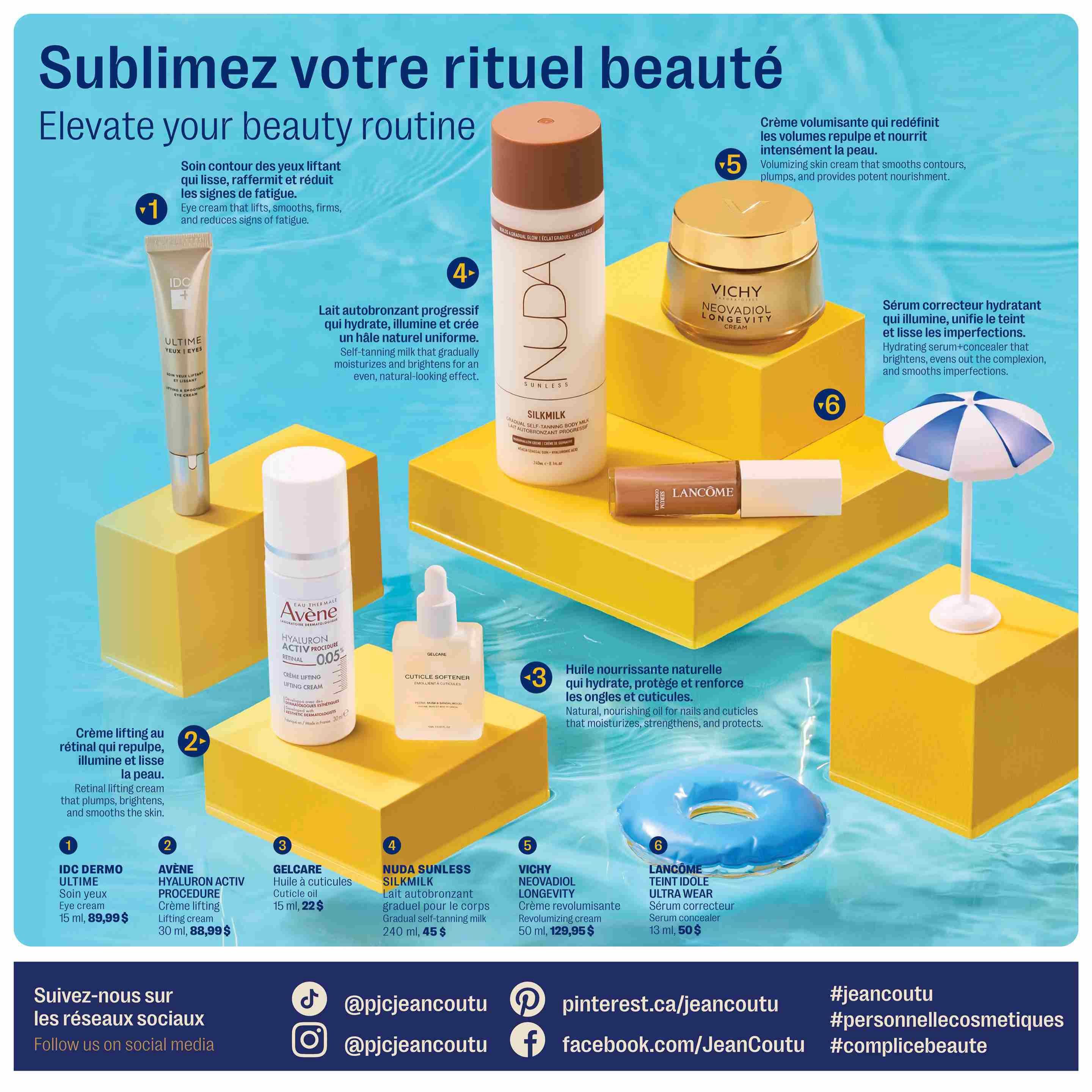 Jean Coutu Beauty Book flyer, page 11, featuring products to elevate your beauty routine. Includes IDC Dermo Ultime eye cream for $89.99, Avène Hyaluron Activ Procedure Retinal lifting cream for $88.99, Gelcare cuticle oil for $22, Nuda Sunless gradual self-tanning milk for $45, Vichy Neovadiol Longevity revolumizing cream for $129.95, and Lancôme Teint Idole Ultra Wear serum concealer for $50. The page also highlights a progressive self-tanning milk that moisturizes and brightens, and a natural nourishing oil for nails and cuticles.