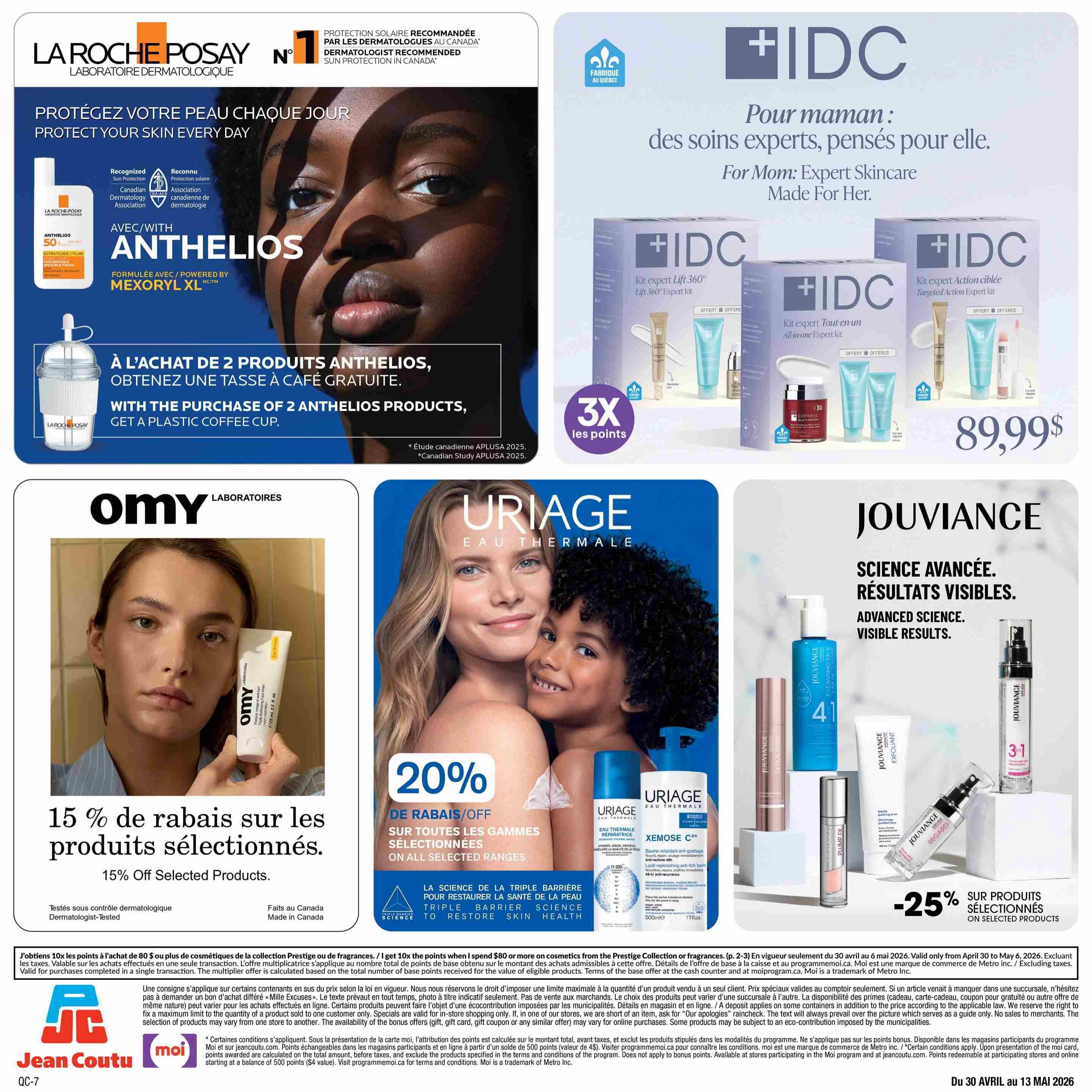 Jean Coutu Beauty Book flyer, page 13. Features La Roche-Posay Anthelios sunscreen, with a 'Protect Your Skin Every Day' message. Offers a free coffee cup with the purchase of 2 Anthelios products. Also showcases IDC skincare gift sets for mom, with a '3X points' offer and a price of $89.99. The Omy Laboratoires section offers 15% off selected products. The Uriage Eau Thermale section offers 20% off all selected ranges, featuring Uriage Thermal Water and Xemose C+ products. Jouviance offers advanced science and visible results with a '-25% off selected products' promotion. The bottom of the page includes details about earning points on purchases of $80 or more in Prestige Collection or fragrances, valid from April 30 to May 6, 2026.