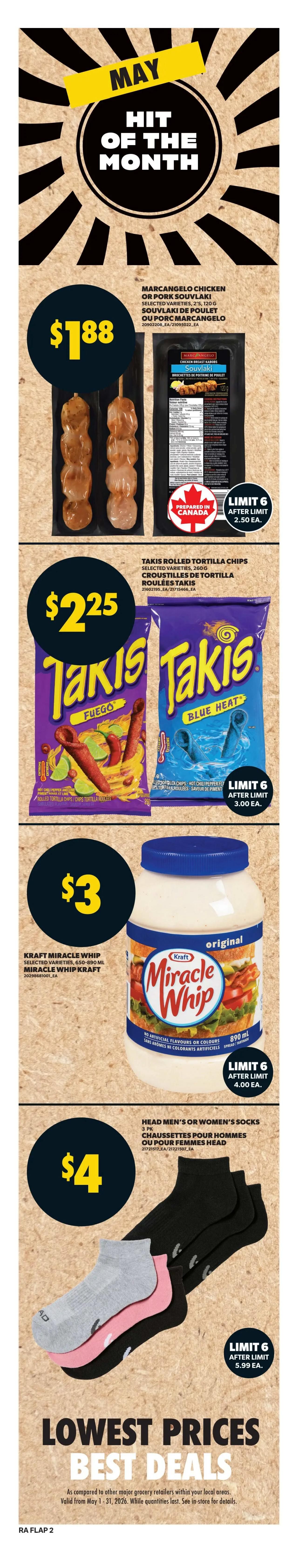 Atlantic Superstore weekly flyer specials page 3. Features a Deal Drop on a PC Salad Spinner for $15. Proudly Canadian specials include Boneless Cross Rib Roast at $7.88/lb (save up to 41%) and No Name Chicken Breast for $5.99/lb. Save 30% on Pork Side Rib Portion for $3.49/lb. Farmer's Market Avocados are $4 for a package of 5. PC Extra Large Green Seedless Grapes are $2.99/lb (save up to $1.00). President's Choice Greenhouse Grown Strawberries are $5 with an app exclusive offer to get $1 back in points when you get 1,000 points. Seaquest Fish Fillets and Pacific White Shrimp are 2 for $12. Balderson Cheddar, Gouda, or Kolbassa Piller's is $7 (save up to 33%). No Name Cheese Bars are $4.88. Farmer's Market English Cucumbers are $3.75 for a package of 3. Heinz Ketchup is $5 (save up to $1.49). PC or Blue Menu Entrees are $8 for members or $12 for non-members. Dr. Oetker Ristorante or Casa di Mama Pizzas are $3.50 (save up to 36%). Scotsburn Premium Ice Cream is $4. D'Italiano Bread or Wonder Buns are 2 for $7. Dan-D-Pak Cashews are $14.50. Gatorade or Powerade is $2.149 (save up to $4.50), equivalent to 90 cents per bottle. Royale Bathroom Tissue is $13 (save up to 47%). Flyer prices effective April 30th to May 6th, 2026.