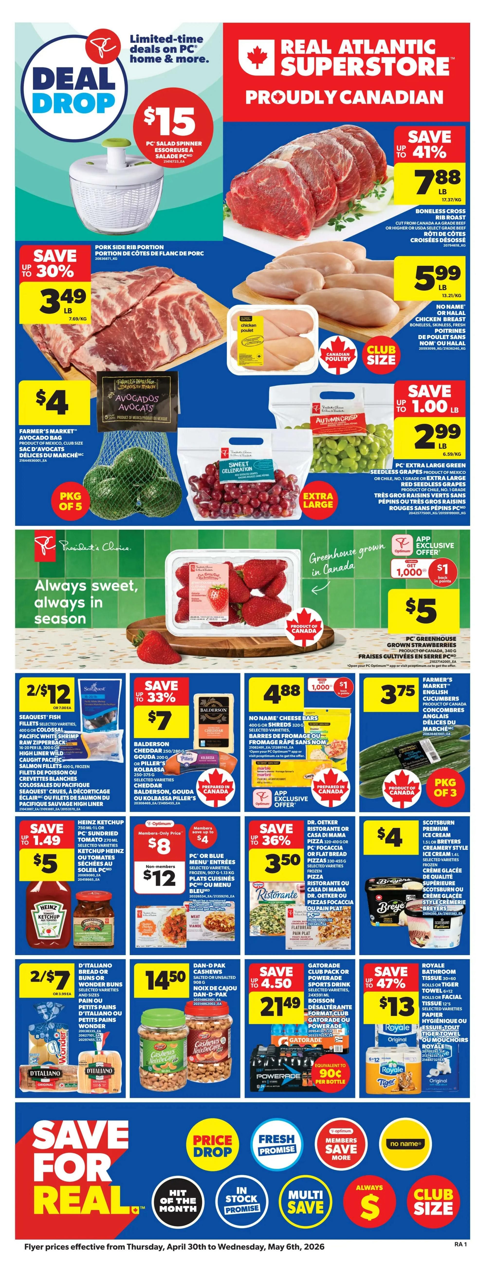 Atlantic Superstore flyer page 1 features a 'Get All 4 Under $10' promotion. Products include No Name cream of mushroom condensed soup, No Name flaked light tuna packed in water (170g), No Name extra broad egg noodles (340g), and No Name green peas (750g). All featured products are prepared in Canada.