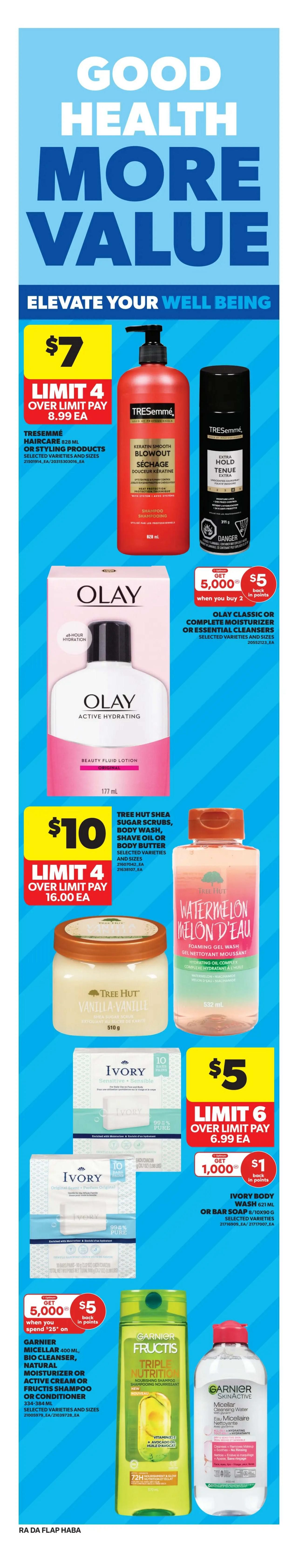 Atlantic Superstore weekly flyer specials page 8. Features TRESemmé Haircare or Styling Products for $7 with a limit of 4, regular price $8.99 each. Olay Classic or Complete Moisturizer or Essential Cleansers are on offer with a 'get 5,000 points when you buy 2' promotion, earning $5 back in points. Tree Hut Shea Sugar Scrubs, Body Wash, Shave Oil or Body Butter are $10 with a limit of 4, regular price $16.00 each. Watermelon Melon D'eau Foaming Gel Wash is also featured. Ivory Body Wash 621 ml or Bar Soap 8/10x90g are $5 with a limit of 6, regular price $6.99 each, and get 1,000 points ($1 value) back in points when you spend $25. Garnier Fructis Triple Nutrition Nourishing Shampoo 354-384 ml and Garnier SkinActive Micellar Cleansing Water 400 ml are also shown.