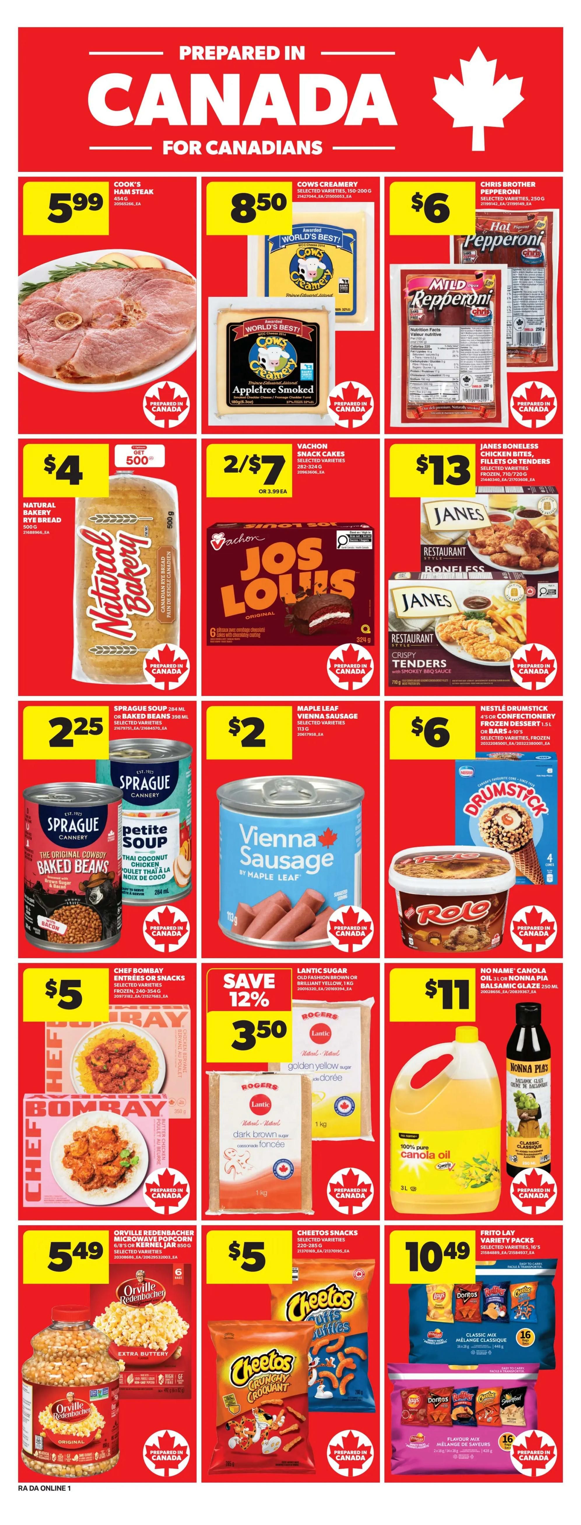 Atlantic Superstore weekly flyer specials page 9 features Cook's Ham Steak for $5.99, Cows Creamery Cheese for $8.50, and Chris Brother Pepperoni for $6. Also available are Natural Bakery Rye Bread for $4, Vachon Snack Cakes for 2 for $7, and Janes Boneless Chicken Bites or Tenders for $13. Sprague Soup Baked Beans are $2.25, Maple Leaf Vienna Sausage is $2, and Nestle Drumstick Confectionery Frozen Dessert is $6. Chef Bombay Entrees or Snacks are $5, Lantic Sugar is on sale for $3.50 with a 12% saving, and No Name Canola Oil is $11. Orville Redenbacher Microwave Popcorn is $5.49, Cheetos Snacks are $5, and Frito Lay Variety Packs are $10.49.