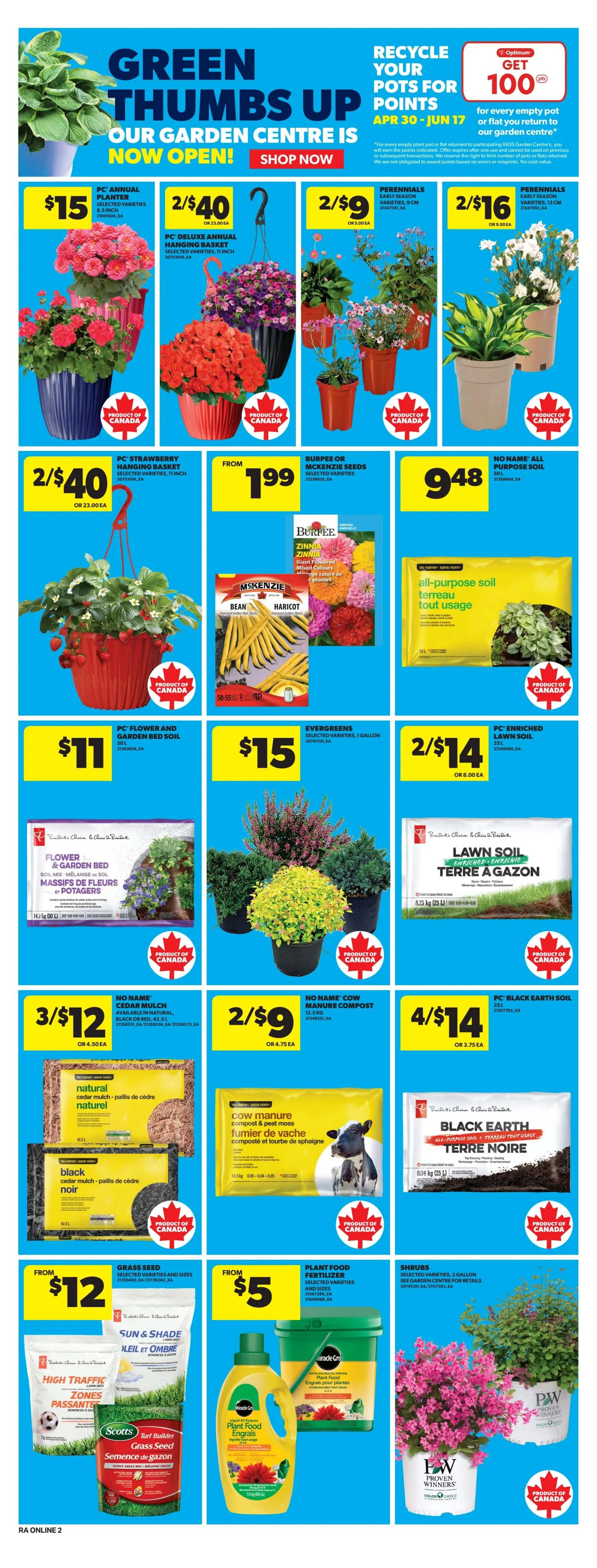 Atlantic Superstore weekly flyer specials page 10 features 'Green Thumbs Up! Our Garden Centre is Now Open!' with a 'Shop Now' button. Offers include PC Annual Planters for $15, PC Deluxe Annual Hanging Baskets 2 for $40, Perennials 2 for $9, and Perennials 2 for $16. Also featured are PC Strawberry Hanging Baskets 2 for $40, Burpee or McKenzie Seeds starting from $1.99, and No Name All-Purpose Soil for $9.48. Other deals include PC Flower and Garden Bed Soil for $11, Evergreens for $15, and PC Enriched Lawn Soil 2 for $14. Additionally, find No Name Cedar Mulch 3 for $12, No Name Cow Manure Compost 2 for $9, and PC Black Earth Soil 4 for $14. Grass Seed is available starting from $12, Plant Food Fertilizer from $5, and Shrubs are also available. Customers can recycle empty pots for 100 Optimum points.