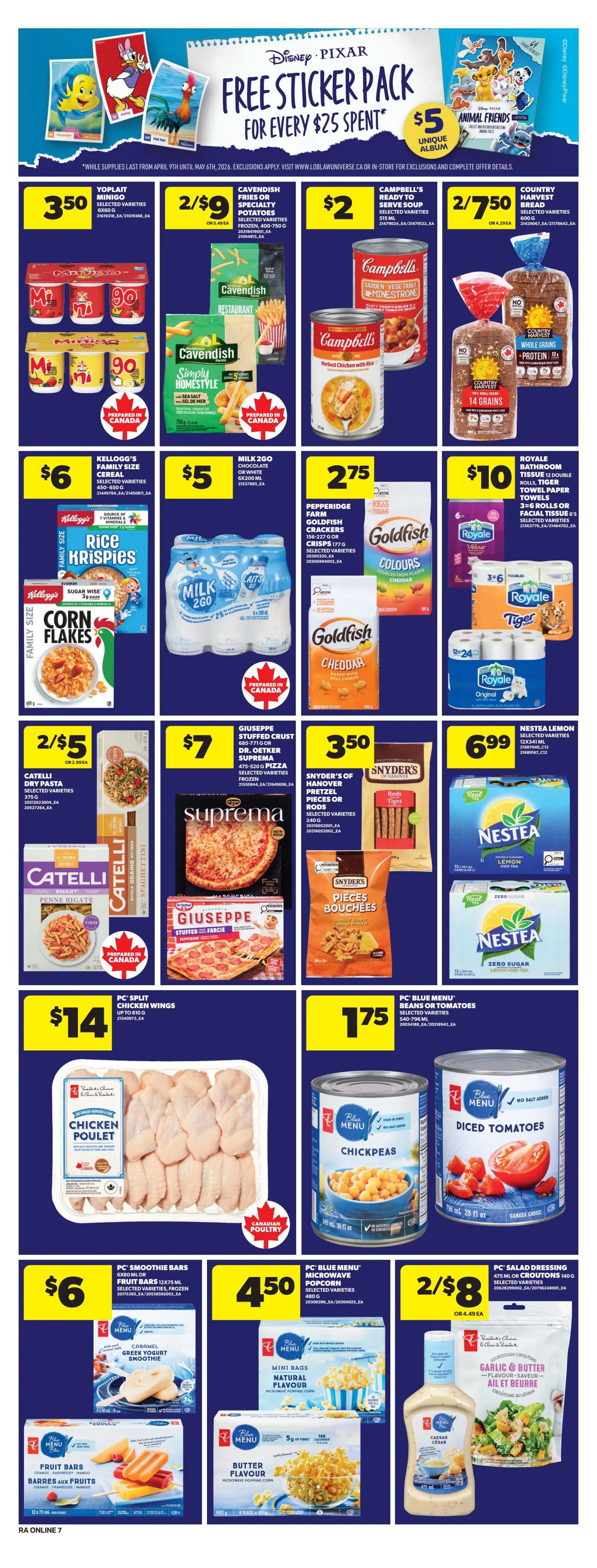 Atlantic Superstore weekly flyer specials page 16 features a Disney Pixar Free Sticker Pack offer for every $25 spent, with an Animal Friends album available for $5. Featured products include Yoplait Minigo selected varieties for $3.50, Cavendish fries or specialty potatoes for 2/$9, Campbell's ready to serve soup selected varieties for $2, and Country Harvest bread for 2/$7.50. Also on sale are Kellogg's Family Size Cereal, including Rice Krispies and Corn Flakes, for $6. Milk 2 Go selected varieties are $5. Pepperidge Farm Goldfish Crackers in various colours and cheddar flavours are $2.75. Royale bathroom tissue double rolls and Tiger soft & strong facial tissue are $10. Catelli dry pasta selected varieties are 2/$5. Giuseppe stuffed crust or Dr. Oetker Suprema pizza selected varieties are $7. Snyder's of Hanover pretzel pieces or rods are $3.50. Nestea Lemon Zero Sugar or Iced Tea is $6.99. PC Split chicken wings are $14. PC Blue Menu beans or tomatoes are $1.75. PC Smoothie Bars are $6. PC Blue Menu microwave popcorn is $4.50. PC Blue Menu salad dressing and croutons are 2/$8.
