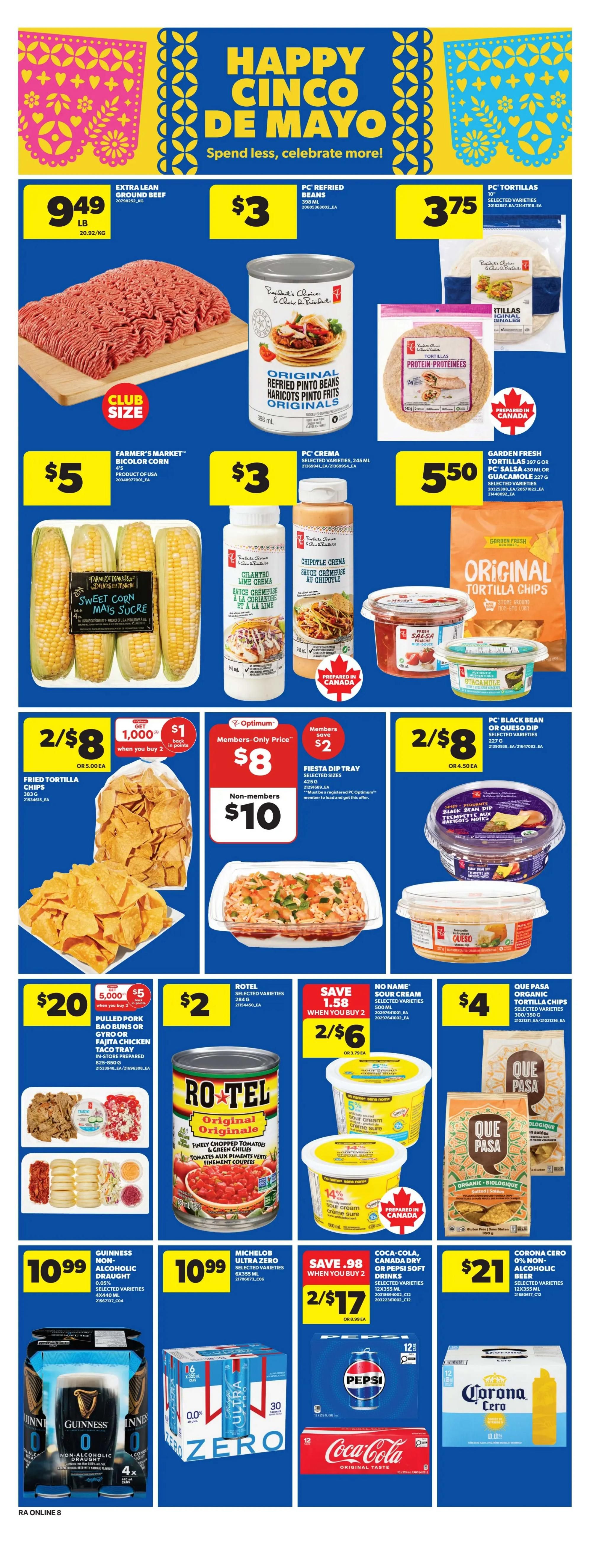 Atlantic Superstore weekly flyer specials page 17, featuring Happy Cinco de Mayo deals. Offers include Extra Lean Ground Beef for $9.49/lb, PC Refried Beans for $3, and PC Tortillas for $3.75. Farmer's Market Bicolor Corn is $5 for 4 ears. PC Crema is $3 for 245 mL. Garden Fresh Original Tortilla Chips are $5.50. Fried Tortilla Chips are 2 for $8 or 5.00 each. Pulled Pork Bao Buns or Gyro or Papa Chicken Taco Tray is $20. Rotel Diced Tomatoes & Green Chilies are $2. No Name Sour Cream is 2 for $6, save $1.58 when you buy 2. Que Pasa Organic Tortilla Chips are $4. Optimum members can get a Fiesta Dip Tray for $8, saving $2. Non-members pay $10. Guinness Non-Alcoholic Draught is $10.99 for 4x440 mL. Michelob Ultra Zero is $10.99 for 6x355 mL. Coca-Cola or Pepsi Soft Drinks are 2 for $17, save $0.98 when you buy 2. Corona Cero 0% Non-Alcoholic Beer is $21 for 12x355 mL.