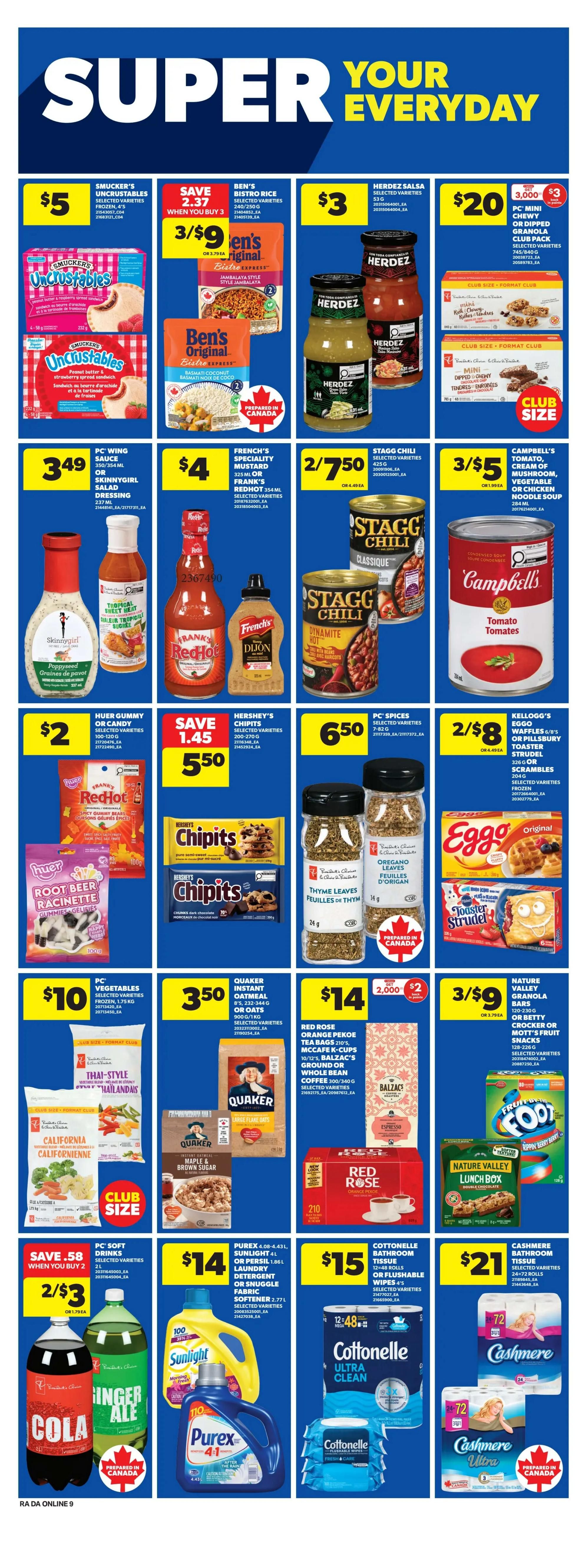 Atlantic Superstore weekly flyer specials page 18 features Smucker's Uncrustables frozen sandwiches for $5, Ben's Bistro Rice selected varieties 3 for $9, and Herdez Salsa for $3. Also featured are PC Mini Chewy or Dipped Granola Club Packs for $20. Other deals include PC Wing Sauce or Skinnygirl Salad Dressing for $3.49, French's Specialty Mustard or Frank's RedHot for 2 for $4, Stagg Chili selected varieties for 2 for $7.50, and Campbell's Tomato, Cream of Mushroom, Vegetable, or Chicken Noodle Soup for 3 for $5. Huer Gummy Root Beer or Candy is $2. Hershey's Chipits are on sale for $5.50, down from $6.95. PC Spices selected varieties are 650. Eggo Waffles or Pillsbury Toaster Strudel are 2 for $8. PC Vegetables selected varieties are $10. Quaker Instant Oatmeal or Oats is $3.50. Red Rose Orange Pekoe Tea Bags, McCafe K-Cups, or Balzac's Ground or Whole Bean Coffee are $14. Nature Valley Granola Bars or Betty Crocker or Mott's Fruit Snacks are 3 for $9. PC Soft Drinks are 2 for $3. Purex Laundry Detergent or Snuggle Fabric Softener is $14. Cottonelle Bathroom Tissue or Flushable Wipes are $15. Cashmere Bathroom Tissue is $21.