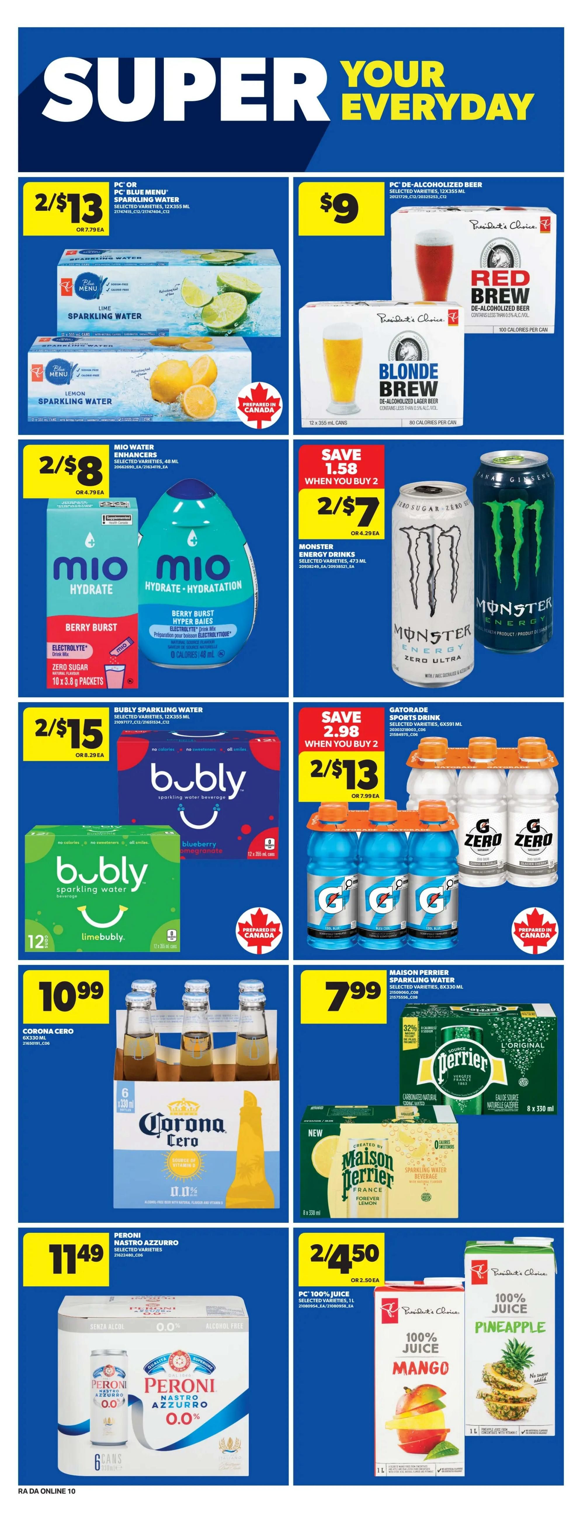 Atlantic Superstore weekly flyer specials page 19 features a variety of beverages. On sale are PC Blue Menu Sparkling Water, 12x355 mL, for 2 for $13. President's Choice De-Alcoholized Beer, Red Brew and Blonde Brew, 12x355 mL cans, are $9 each. Mio Water Enhancers, 48 mL, selected varieties, are 2 for $8. Monster Energy Drinks, selected varieties, 473 mL, are 2 for $7, with a saving of $1.58 when you buy 2. Bubly Sparkling Water, 12x355 mL, is 2 for $15. Gatorade Sports Drink, selected varieties, 6x591 mL, is 2 for $13, with a saving of $2.98 when you buy 2. Corona Cero 6x330 mL is $10.99. Maison Perrier Sparkling Water, selected varieties, 8x330 mL, is $7.99, with 32% off. Peroni Nastro Azzurro 0.0% Alcohol Free, 6 cans, is $11.49. PC 100% Juice, selected varieties, 1L, Mango and Pineapple flavours, are 2 for $4.50.