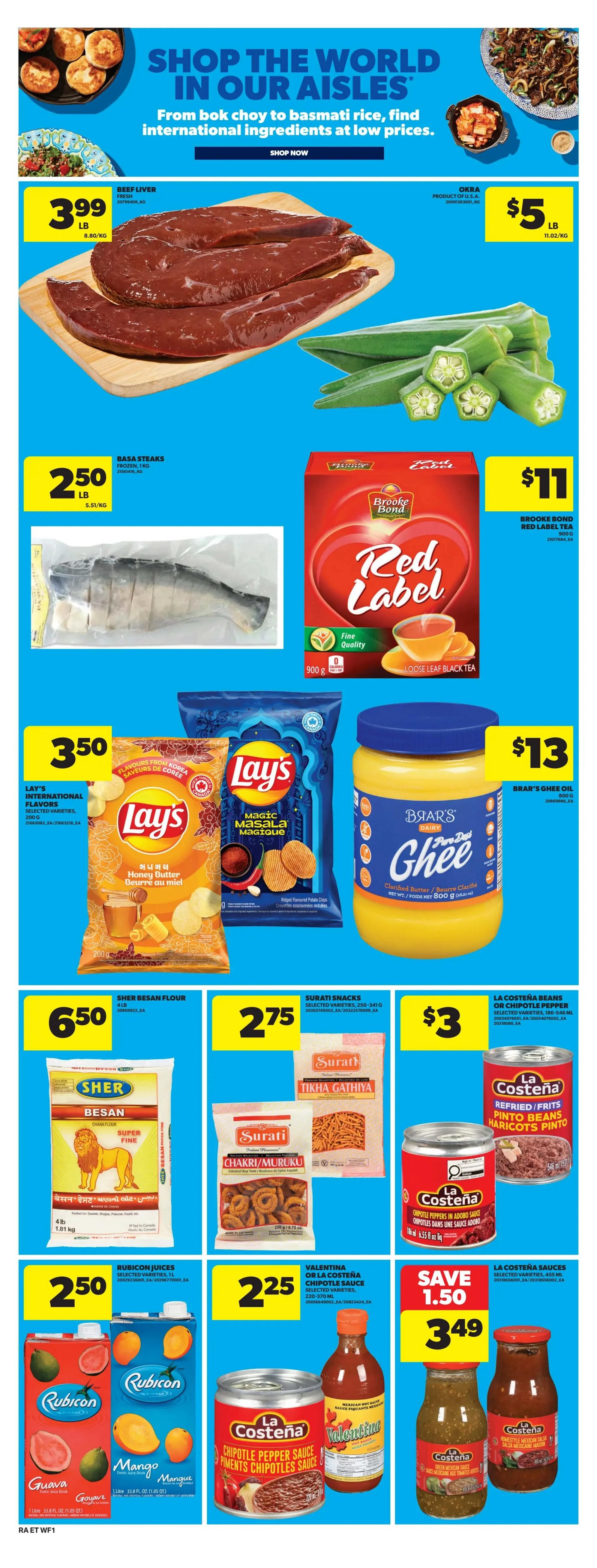 Atlantic Superstore weekly flyer specials page 20 features a 'Shop the World in Our Aisles' theme. Featured products include Beef Liver for $3.99 per lb, Okra for $5 per lb, Basa Steaks for $2.50 per lb, and Brooke Bond Red Label Tea for $11. Also on sale are Lay's International Flavors chips in Honey Butter and Magic Masala varieties for $3.50, and Bran's Ghee Oil for $13. Additional items include Sher Besan Flour for $6.50, Surati Snacks like Tikha Gathiya and Chakri/Muruku for $2.75, La Costena Refried Pinto Beans for $3, Rubicon Juices in Guava and Mango for $2.50, and Valentina or La Costena Chipotle Sauce for $2.25. A special offer includes La Costena Sauces for $3.49, saving $1.50.