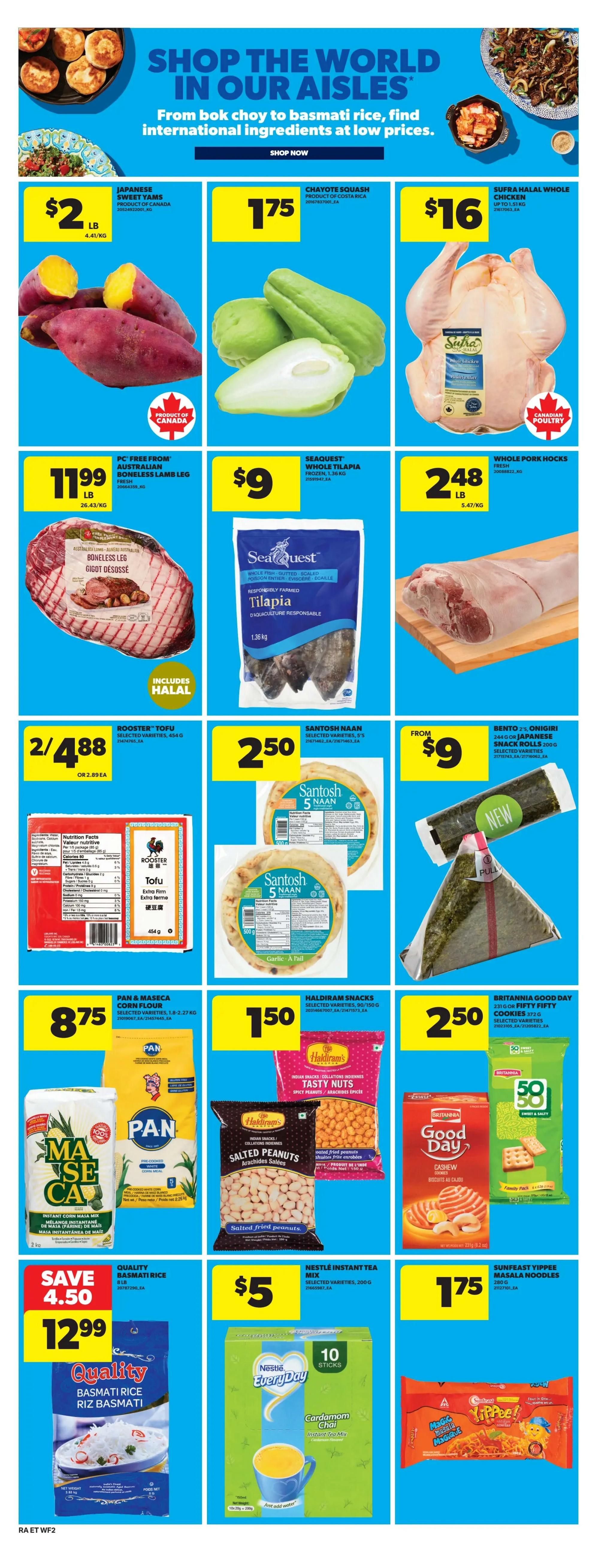 Atlantic Superstore weekly flyer specials page 21 features a 'Shop the World in Our Aisles' theme. Featured products include Japanese Sweet Yams for $2/lb, Chayote Squash for $1.75, and Sufra Halal Whole Chicken for $16. Also available are PC Free From Australian Boneless Lamb Leg for $11.99/lb, Seaquest Whole Tilapia for $9/lb, and Whole Pork Hocks for $2.48/lb. Other deals include Rooster Tofu 2 for $4.88, Santosh Naan for $2.50, and Bento Onigiri for $9. Haldiram Snacks like Tasty Nuts and Salted Peanuts are $1.50. Britannia Good Day Fifty Fifty Cookies are $2.50. Pan & Maseca Corn Flour is $8.75. Quality Basmati Rice is on sale for $12.99 with a save of $4.50. Nestle EveryDay Cardamom Chai Instant Tea Mix is $5, and Sunfeast Yippee Masala Noodles are $1.75.