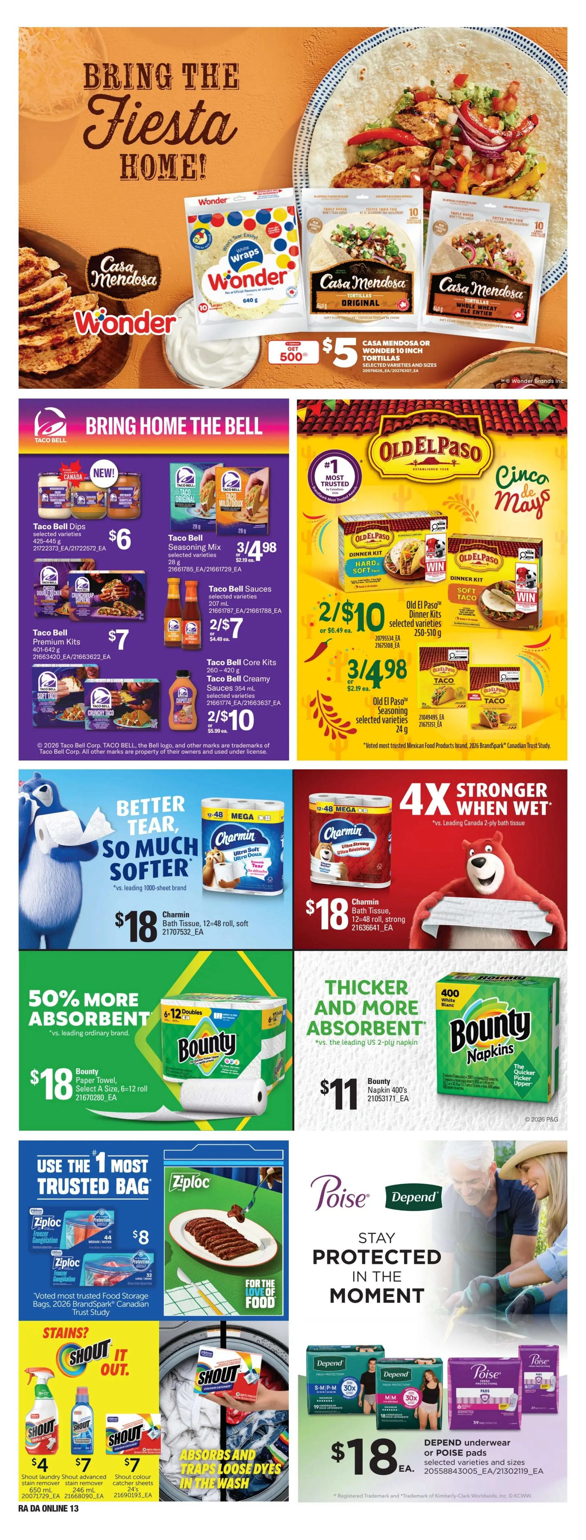 Atlantic Superstore weekly flyer specials page 26 features 'Bring the Fiesta Home!' with Wonder Wraps for $5 and Casa Mendosa Tortillas for $5. 'Bring Home the Bell' offers Taco Bell Dips for $6, Taco Bell Seasoning Mix for 3/$4.98, Taco Bell Sauces for 2/$7, and Taco Bell Core Kits or Creamy Sauces for 2/$10. Old El Paso Dinner Kits are 2/$10 and Old El Paso Seasoning is 3/$4.98. Charmin Bath Tissue (12-48 rolls) is $18. Bounty Paper Towels (select size, 6-12 rolls) are $18 and Bounty Napkins (400 count) are $11. Ziploc Freezer Bags (44 or 32 count) are $8. Shout Laundry Detergent is $4, Shout Advanced Stain Remover is $7, and Shout Colour Catcher Sheets are $7. Depend Underwear or Poise Pads are $18.