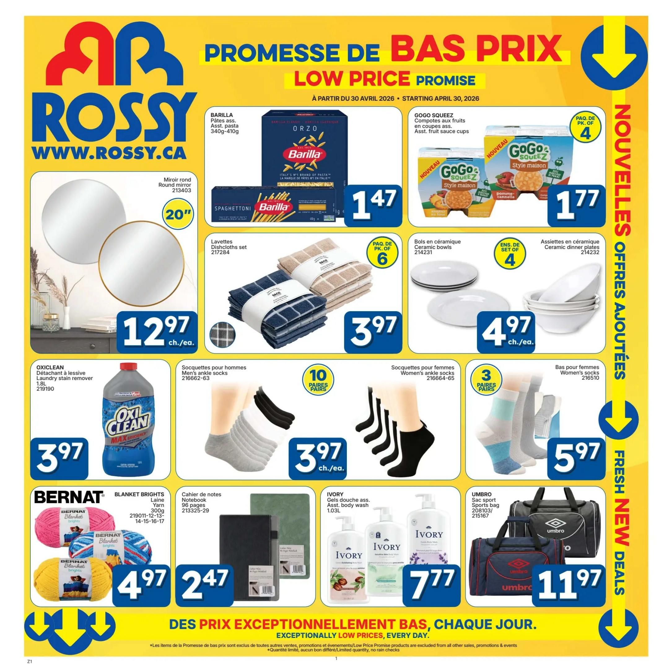 Rossy flyer page 1 featuring a Low Price Promise. Products include Barilla pasta for $1.47, GoGo Squeez fruit cups for $1.77, a 20-inch round mirror for $12.97, a set of 6 dishcloths for $3.97, a set of 4 ceramic dinner bowls for $4.97, and a set of 4 ceramic dinner plates for $4.97. Also available are Oxiclean laundry stain remover for $3.97, Bernat Blanket Brights yarn for $4.97, a 96-page notebook for $2.47, men's ankle socks (10 pairs) for $3.97, women's ankle socks (10 pairs) for $3.97, women's ankle socks (3 pairs) for $5.97, and Umbro sports bags starting at $11.97. The flyer highlights 'Exceptionally Low Prices, Every Day.
