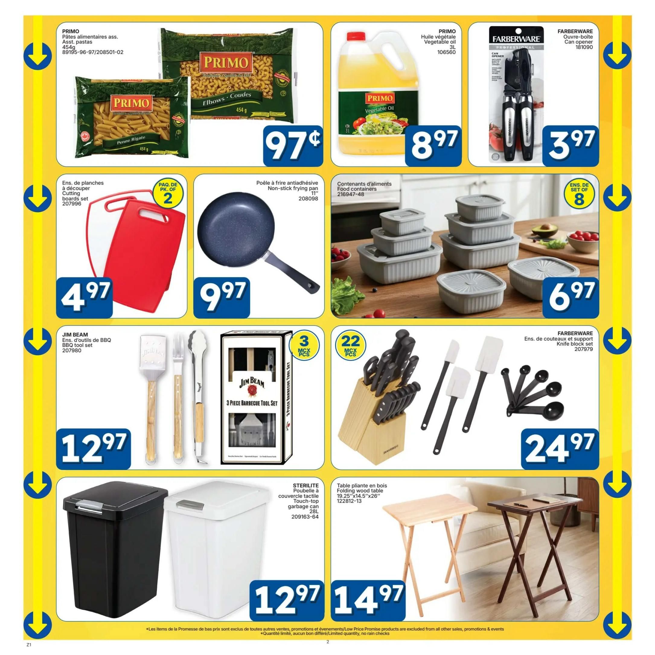 Rossy flyer page 2 features a variety of household items. Primo Assorted Pastas (454g) are on sale for $0.97. Primo Vegetable Oil (3L) is $8.97. Farberware Can Opener is $3.97. A red cutting board set is $4.97. A 11-inch Non-stick frying pan is $9.97. Food containers are $6.97. A Jim Beam BBQ tool set is $12.97. A 3-piece Jim Beam Barbecue Tool Set is also available. A 22-piece Farberware Knife block set is $24.97. Sterilite Touch-Top garbage can (28L) is $12.97. A folding wood table (19.25'x14.5'x26') is $14.97.