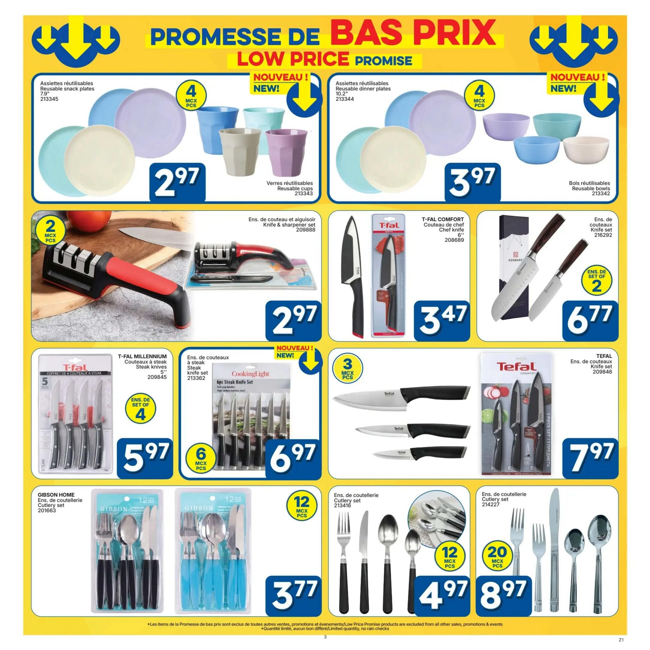 Rossy Low Price Promise flyer, page 3. Features new arrivals including reusable snack plates for $2.97 (4 pcs), reusable cups for $2.97, reusable dinner plates for $3.97 (4 pcs), and reusable bowls for $3.97. Also available is a knife and sharpener set for $2.97. Kitchenware includes T-Fal Millennium steak knives (4 pcs) for $5.97, a CookingLight 6-piece steak knife set for $6.97, T-Fal Comfort chef knife (6-inch) for $3.47, and a 2-piece knife set for $6.77. Additionally, find Gibson Home cutlery sets: a 12-piece set for $3.77 and another 12-piece set for $4.97. A 20-piece cutlery set is priced at $8.97. Limited quantity available.